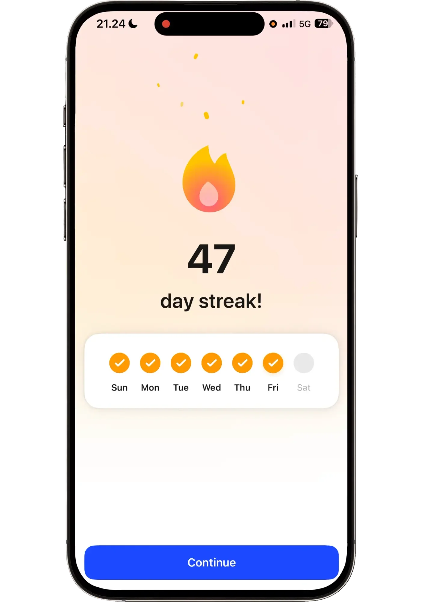 Speak app streak screen showing a 47 day streak with a flame icon and six days of the week checked off