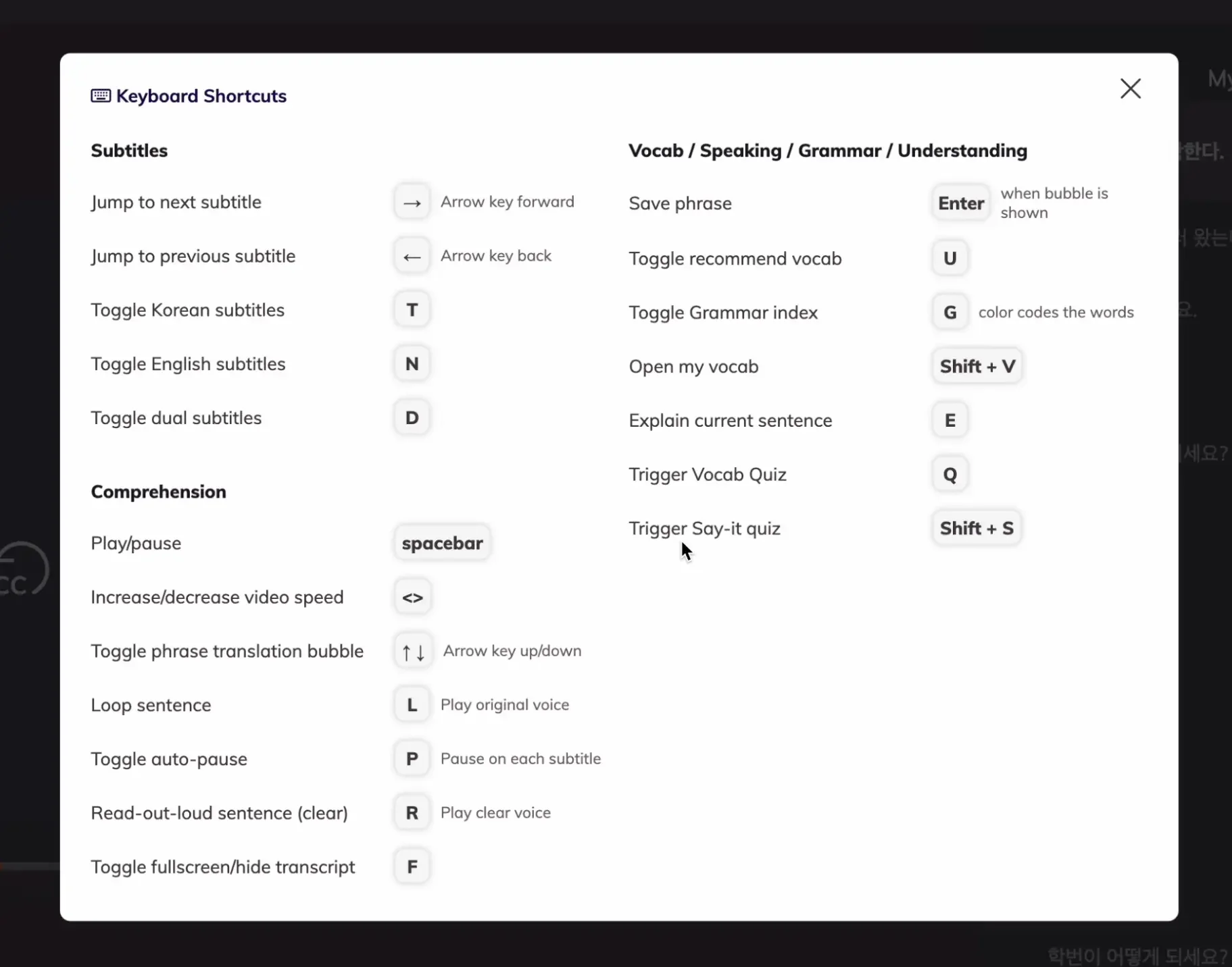 Lingopie keyboard shortcuts reference panel showing subtitle, comprehension, and vocab shortcuts including E for AI explanations and R for clean text-to-speech playback
