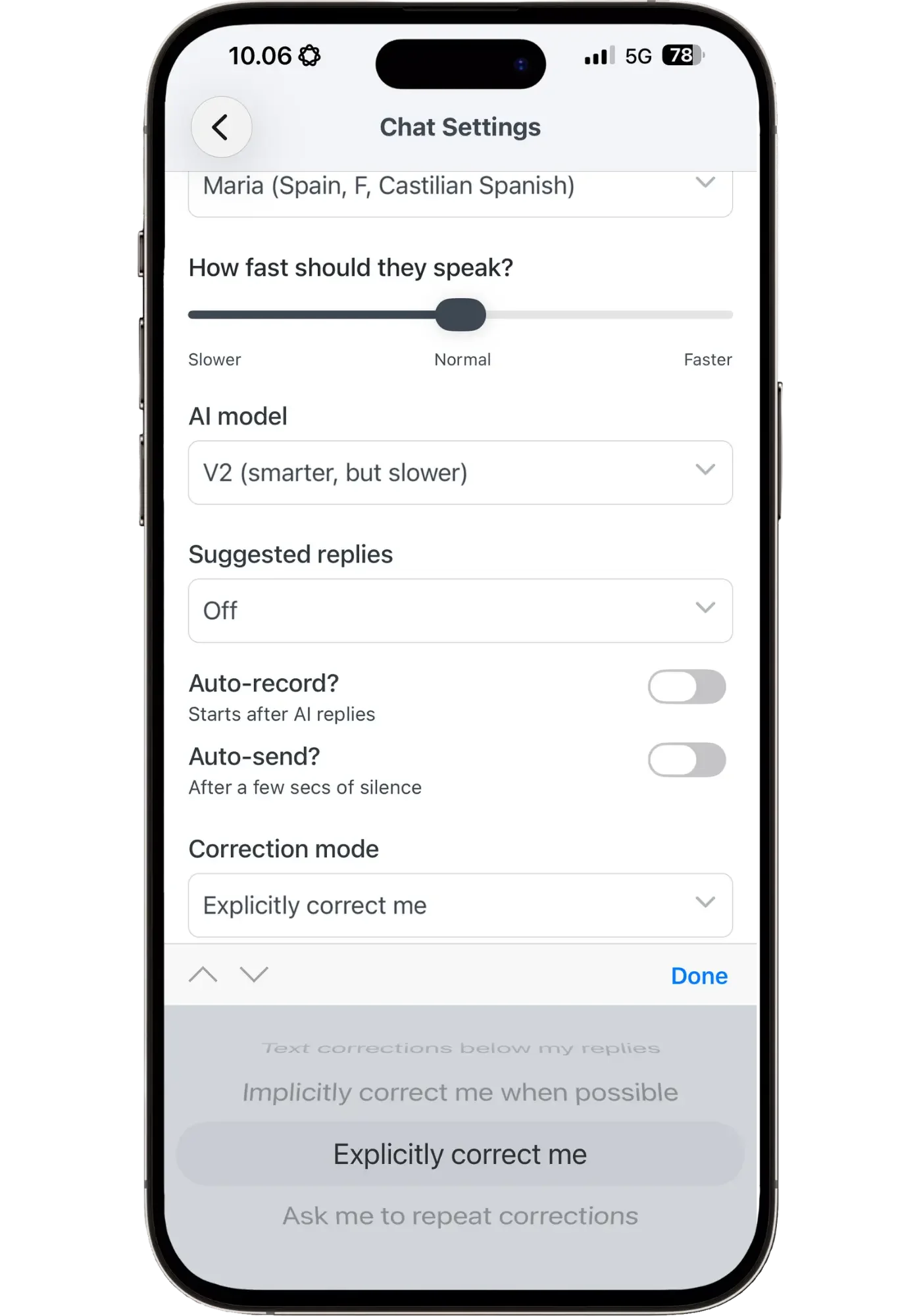 Langua's chat settings on iPhone, showing the correction mode picker open with options to correct implicitly, explicitly, or ask you to repeat corrections — alongside speaking speed, AI model, and auto-record settings.