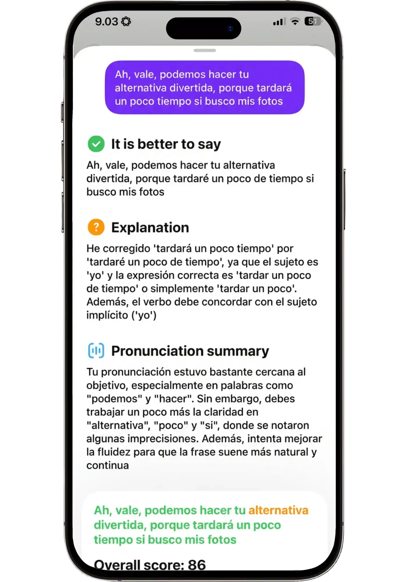 Praktika correcting a Spanish sentence with a better version, a grammar explanation, a pronunciation summary and an overall score of 86.