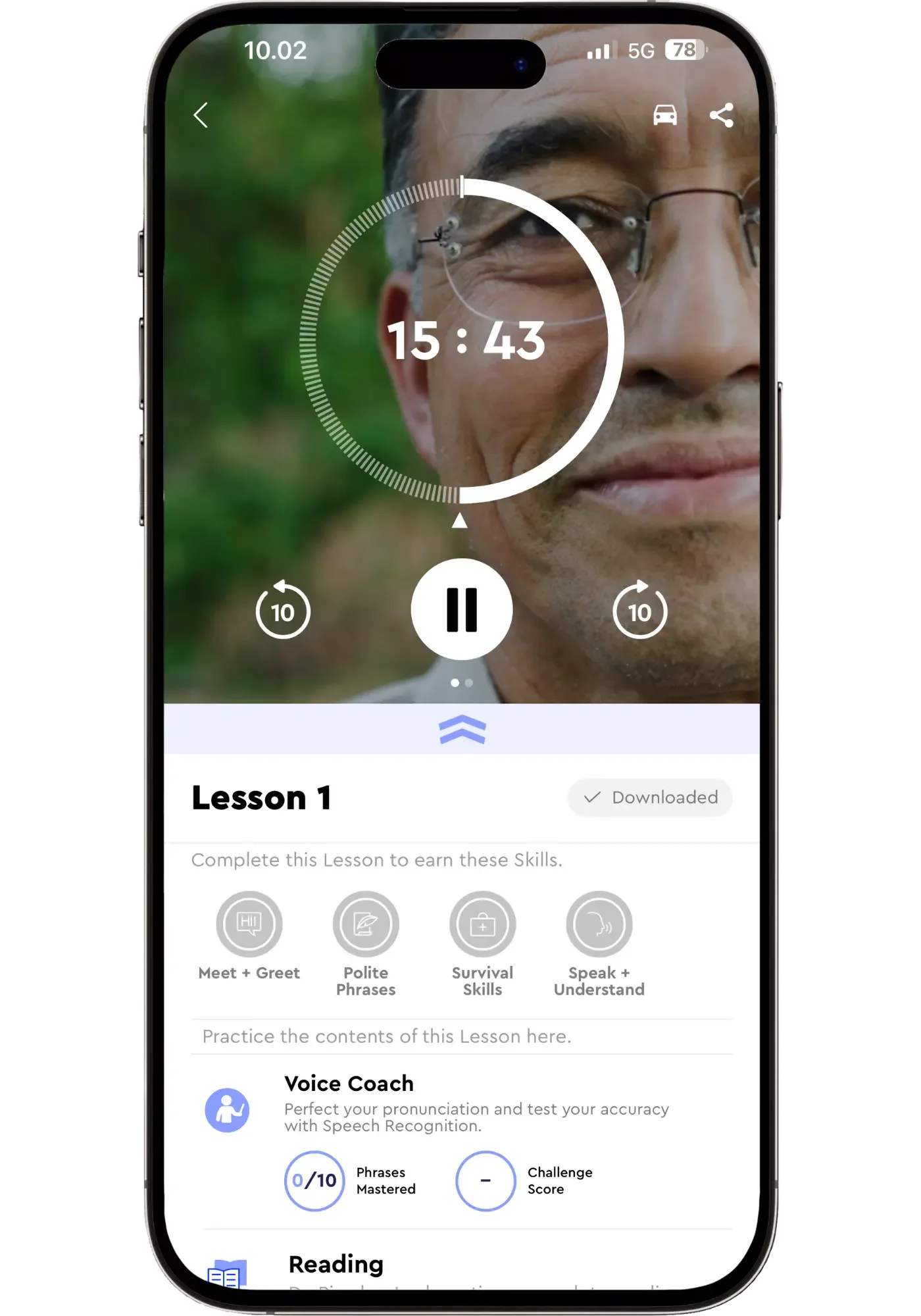 The Pimsleur app showing a Level 1 audio lesson playing on a phone, with the lesson timer and the skills you earn by completing it.