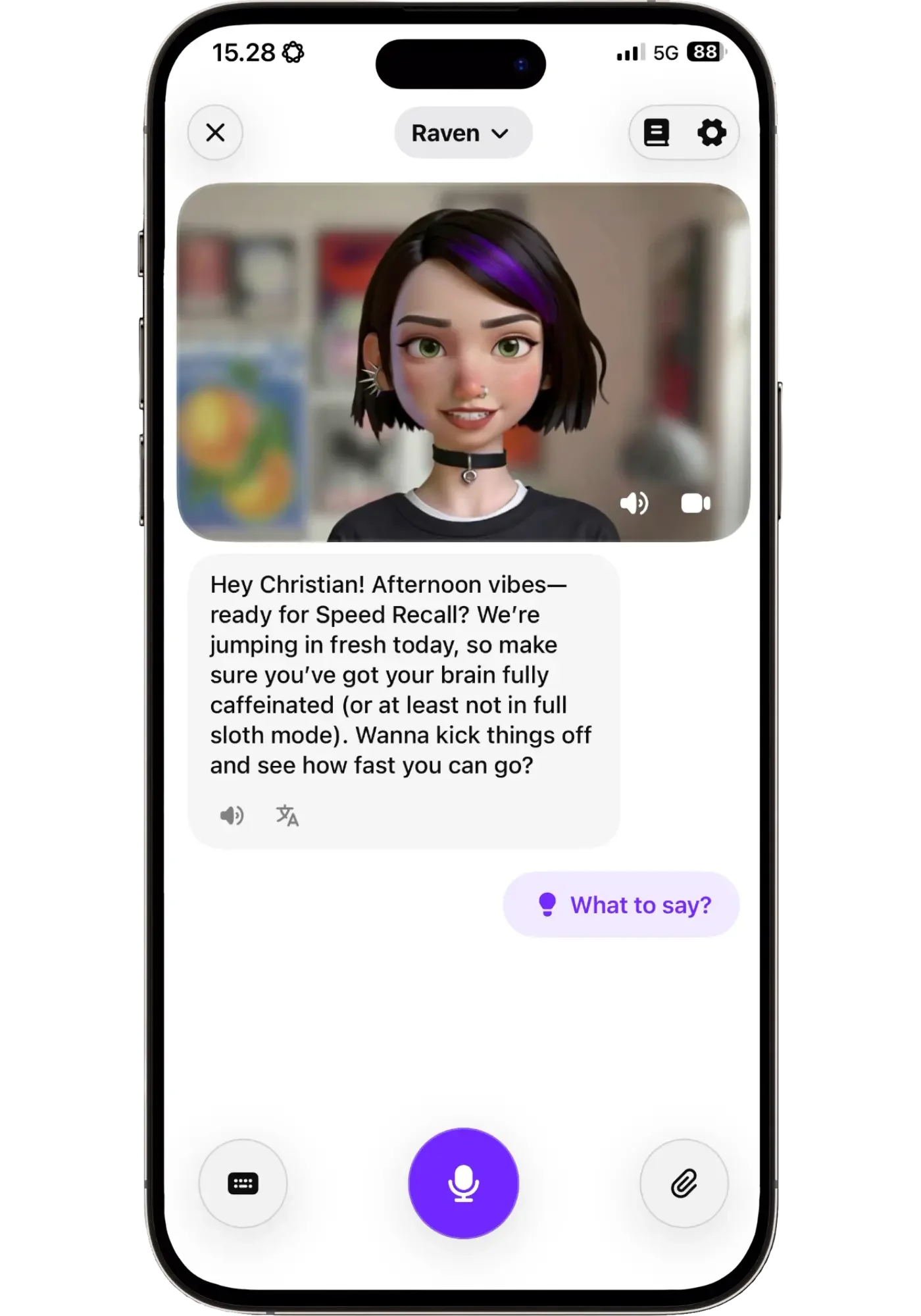 Praktika's tutor Raven greeting the user by name at the start of a Korean lesson called Speed Recall, with a playful note about being ready to go fast.