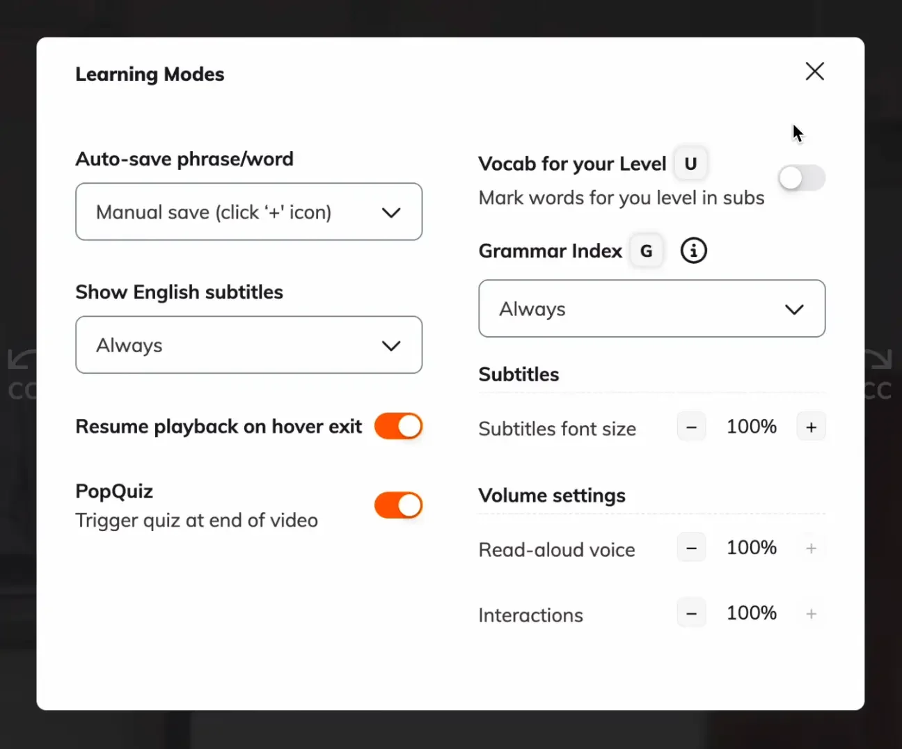 Lingopie Learning Modes settings panel showing options for auto-save, English subtitles, Pop Quiz, vocab level, and grammar index