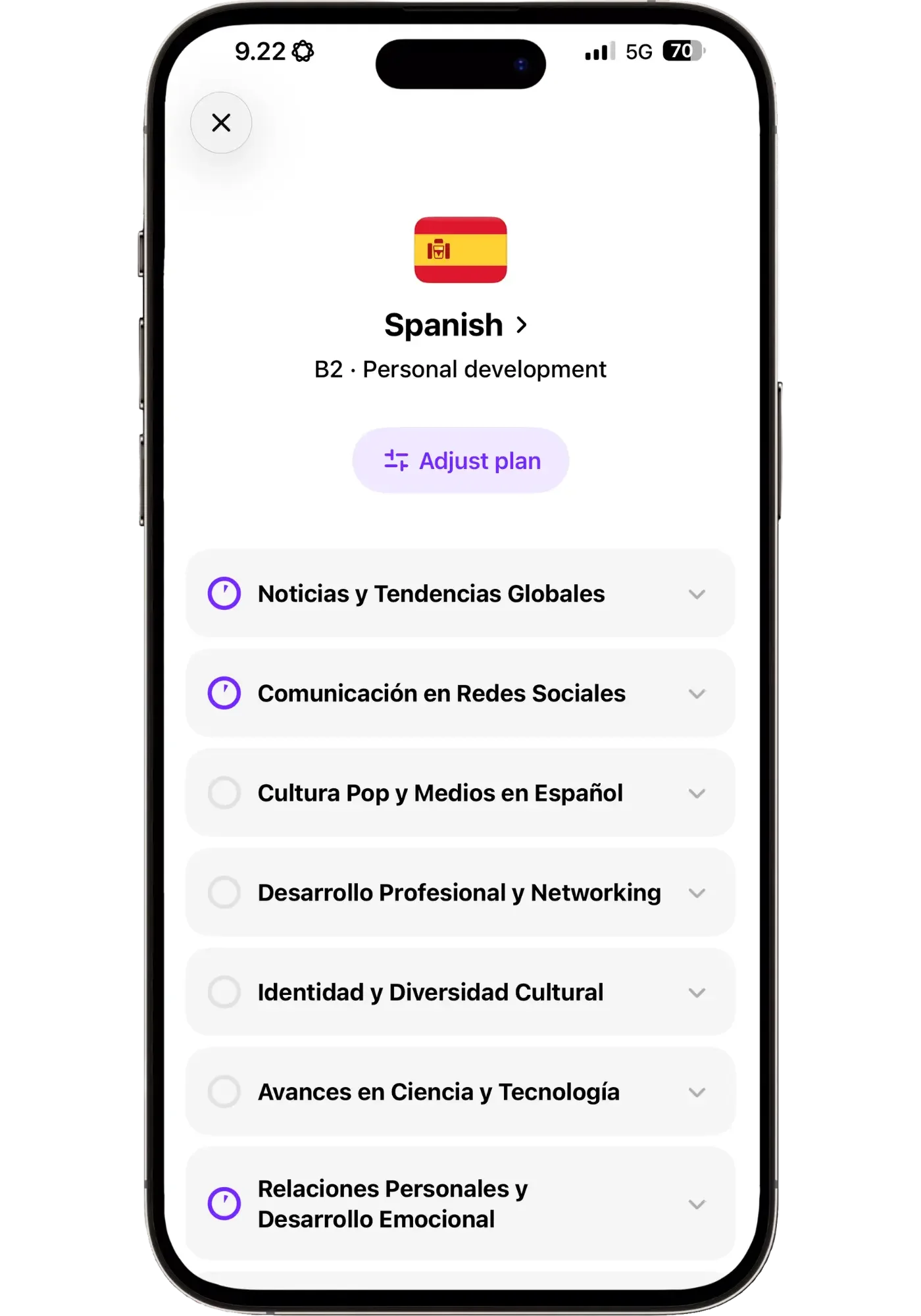 A Praktika Spanish lesson plan set to B2 and personal development, listing topic areas with progress rings beside each.