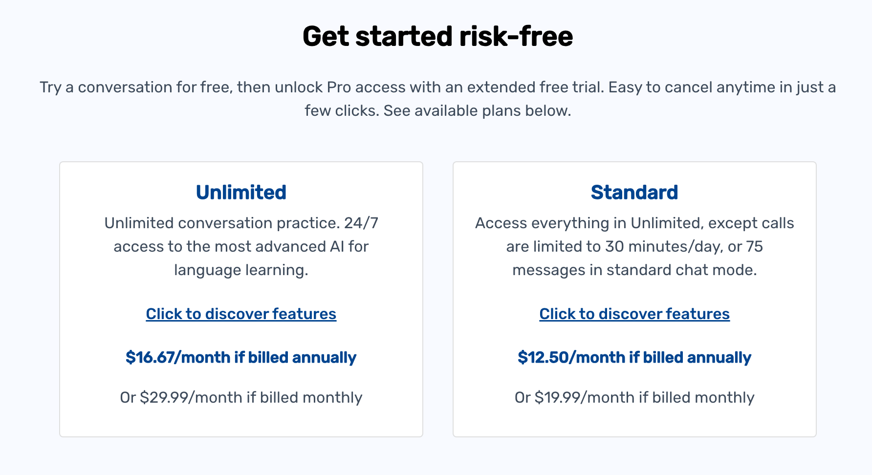 Langua pricing comparison showing Unlimited plan at $29.99/month or $16.67/month billed annually, and Standard plan at $19.99/month or $12.50/month billed annually.