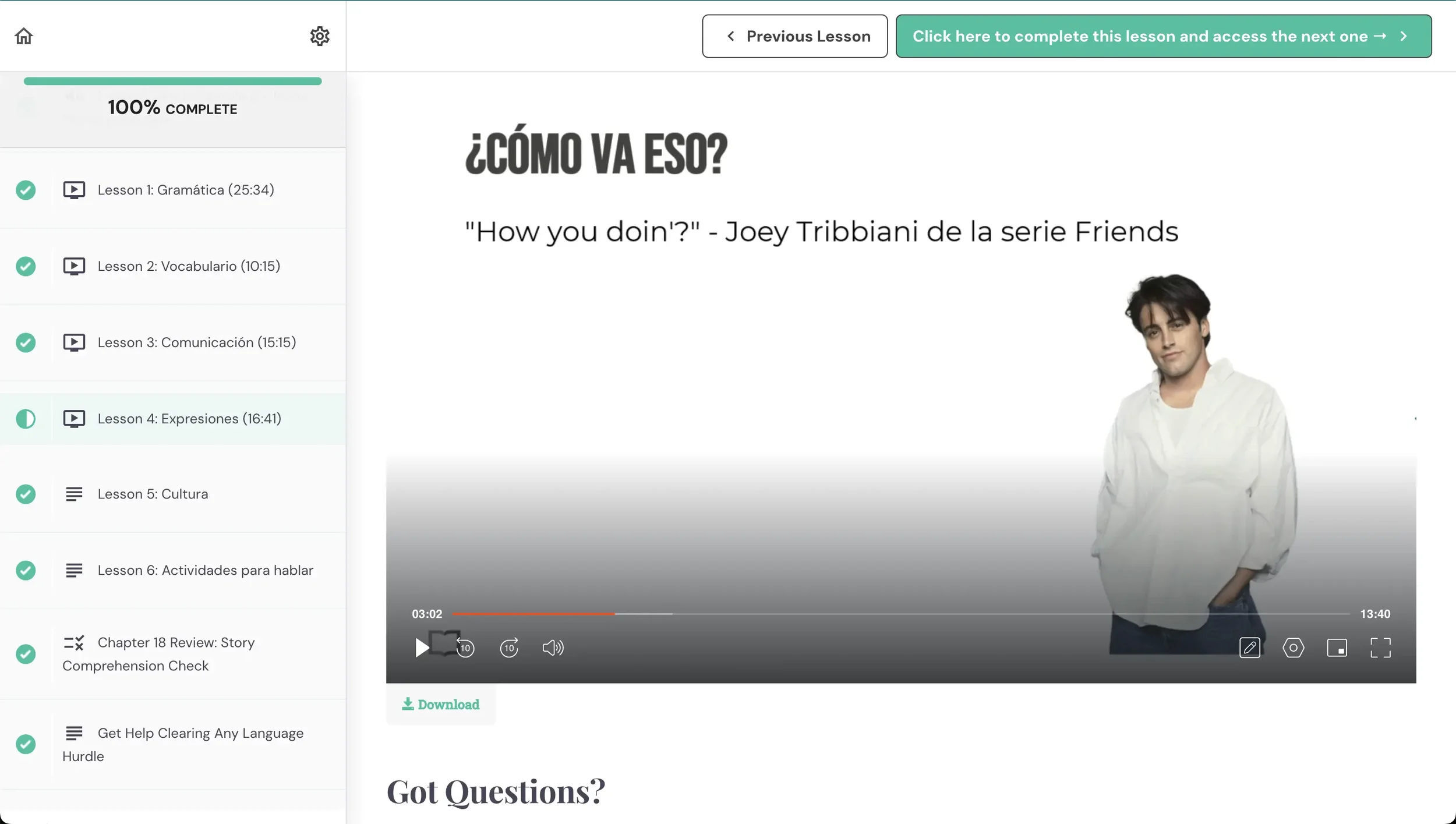 A Spanish Uncovered Mastery Expressions lesson showing how the well-known "How you doin'?" line from Friends is rendered in the Spanish dub.