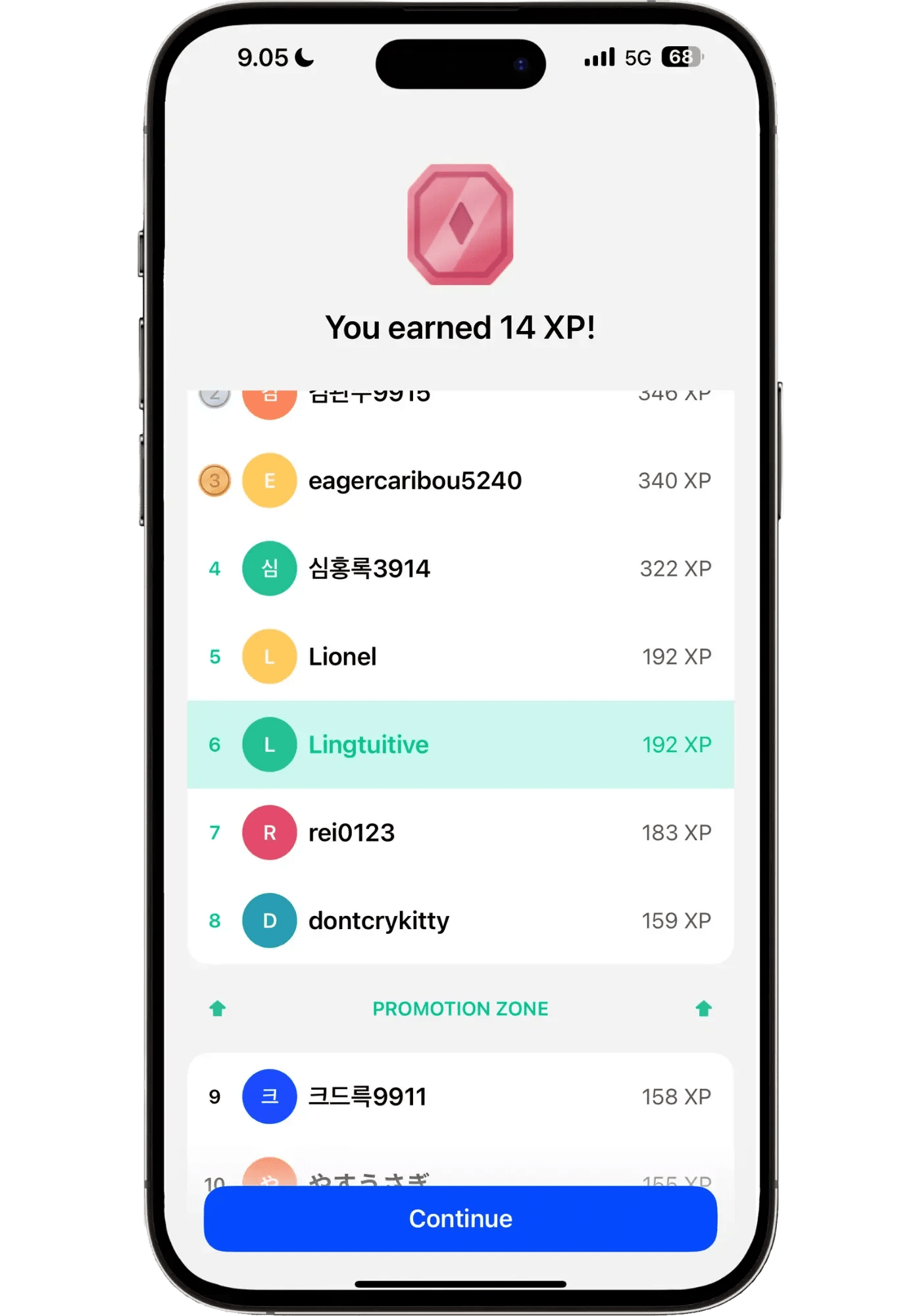 Speak app leaderboard showing the user Lingtuitive at rank 6 with 192 XP after earning 14 XP, sitting just above the Promotion Zone line that separates players moving up to the next tier.