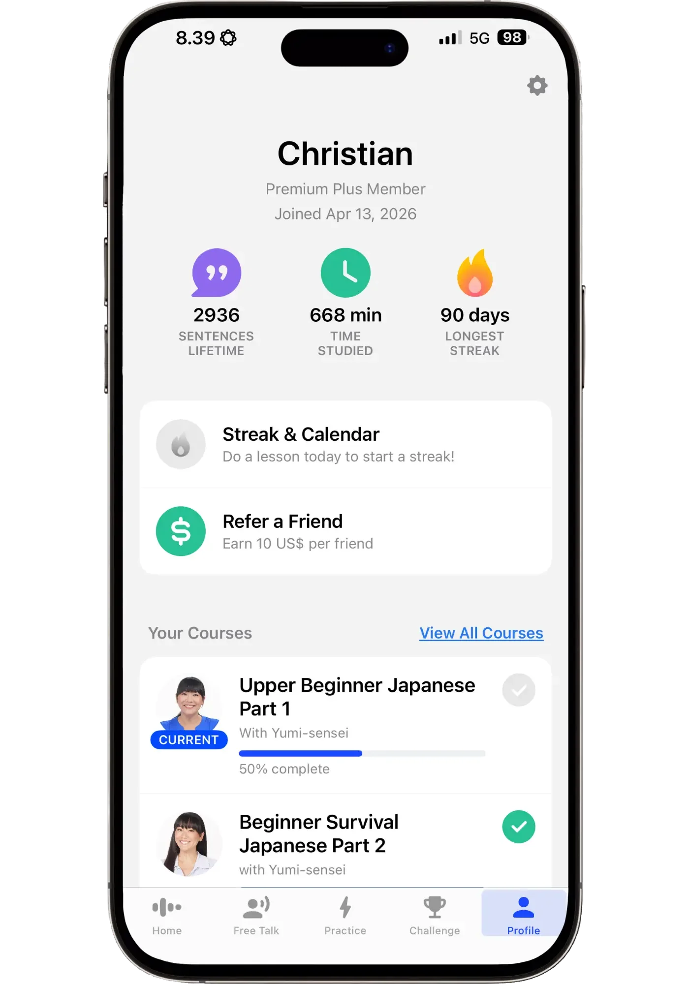 Speak app profile showing 2,936 sentences spoken lifetime, 668 minutes studied, a 90 day longest streak, and Upper Beginner Japanese Part 1 at 50% complete with Yumi-sensei