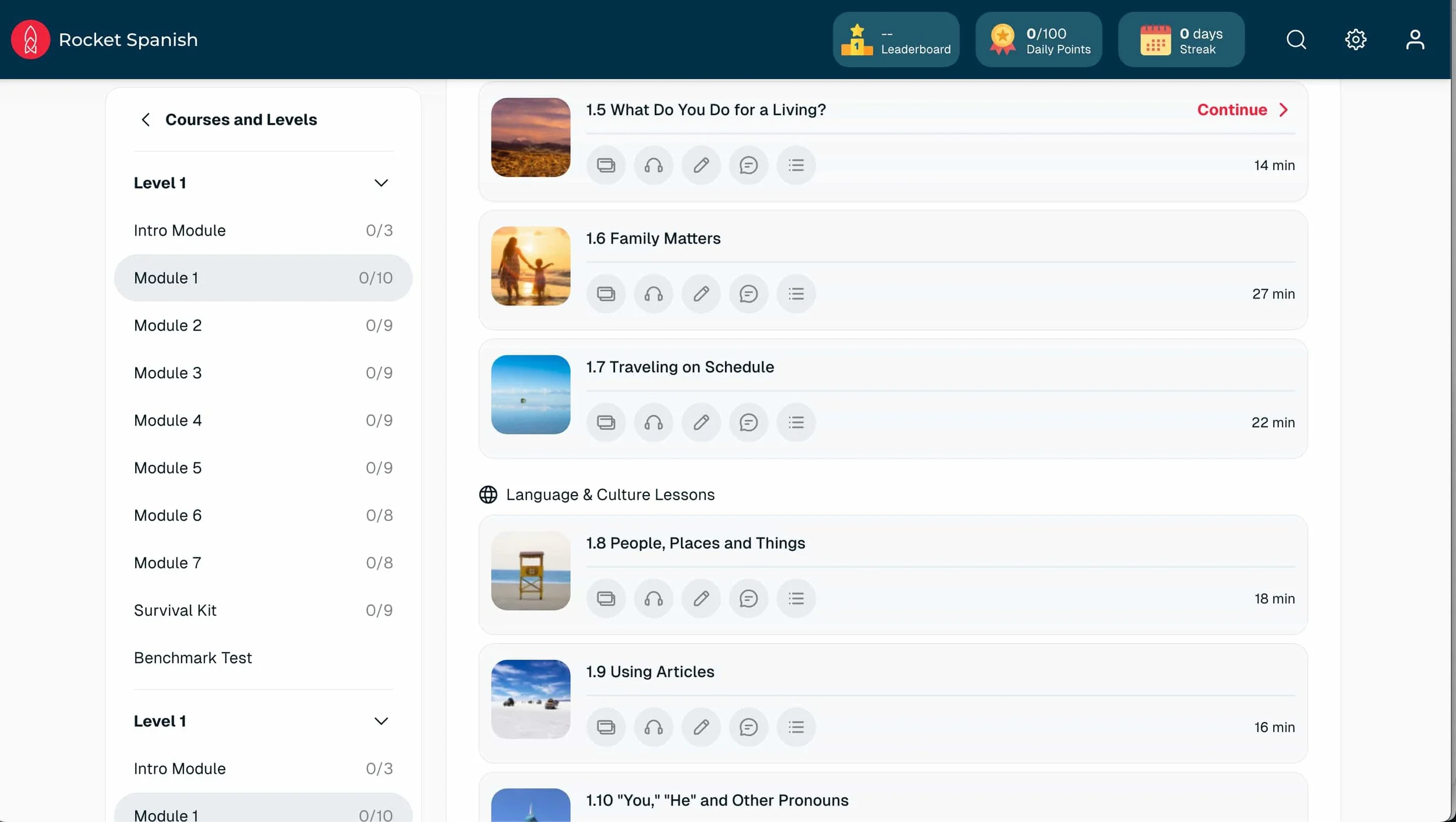 Rocket Spanish app interface displaying Level 1 course structure with interactive audio lessons, conversation practice modules, and progress tracking for beginner Spanish learners