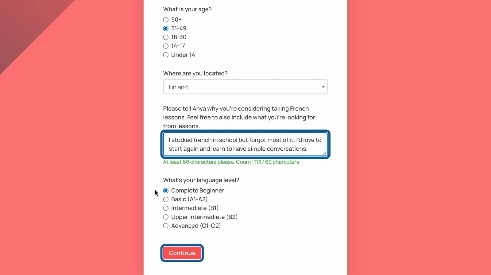 LanguaTalk booking form with age, location, a short message about learning French and language level filled in