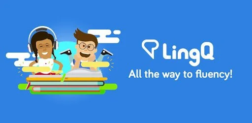 Logo of LingQ language learning platform featuring two animated characters, a girl with headphones and a boy with glasses, with books and a motivational tagline 'All the way to fluency!'