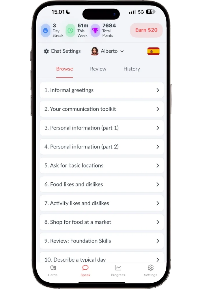 Langua beginner course showing 40 structured AI-guided lessons from Informal greetings to Describe a typical day in Spanish