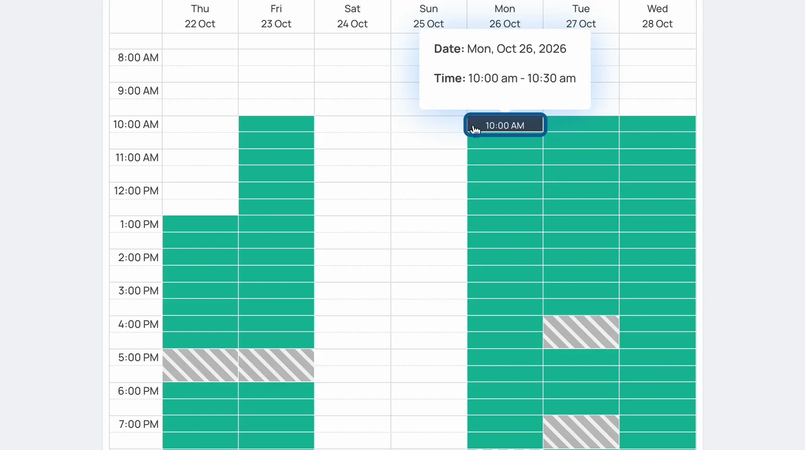 LanguaTalk booking calendar with available times in green and Monday at 10:00 AM selected