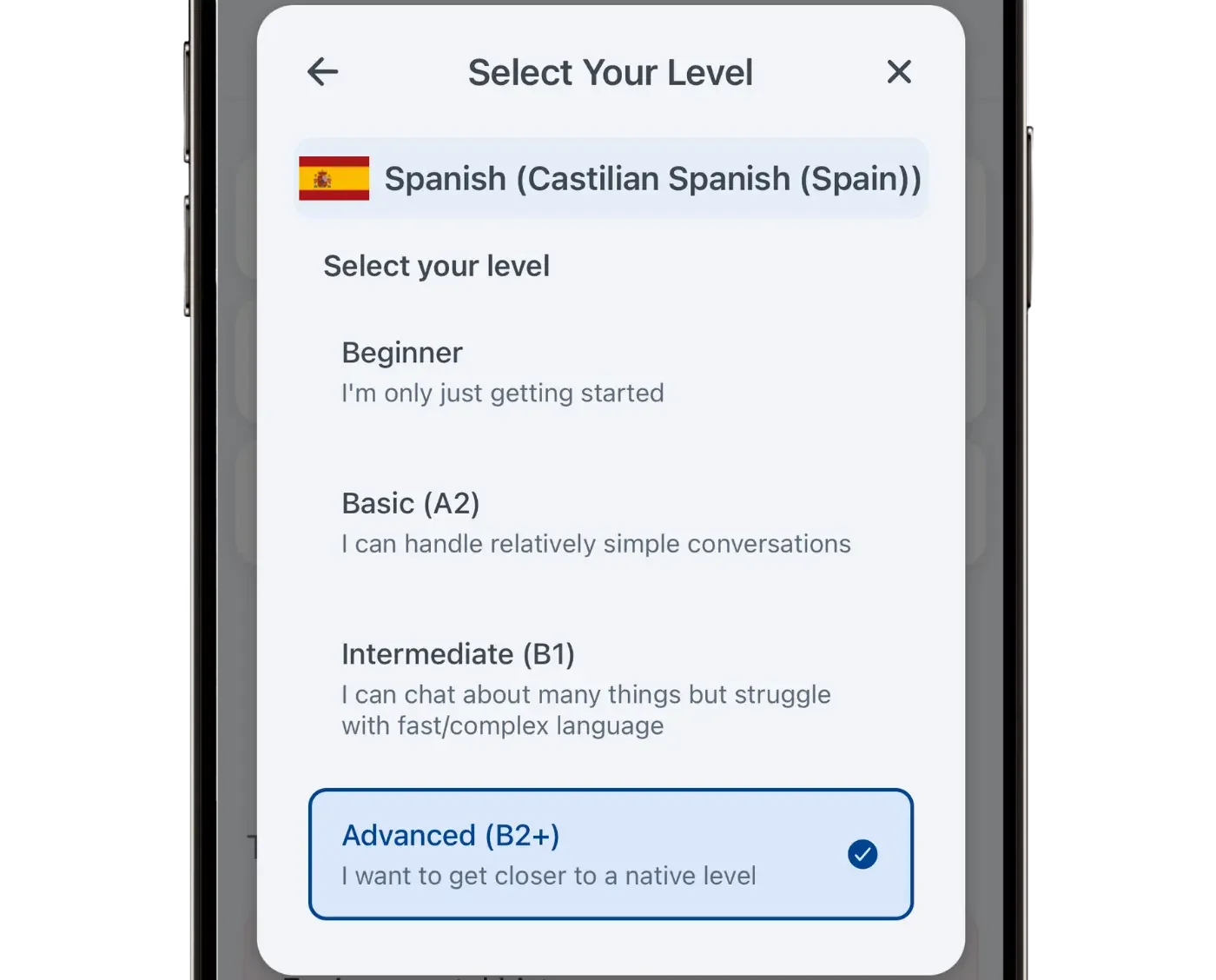 Langua's level selector for Castilian Spanish, with options from Beginner to Advanced so the AI matches your level.