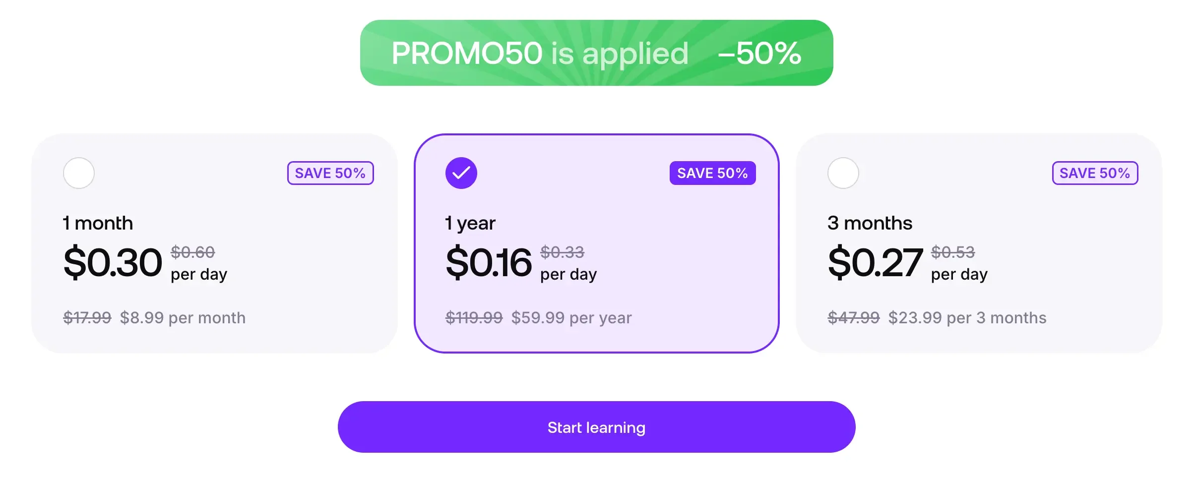 Praktika's three subscription plans with a 50% promo applied — one month at $8.99, three months at $23.99, and one year at $59.99, each shown against its full price.