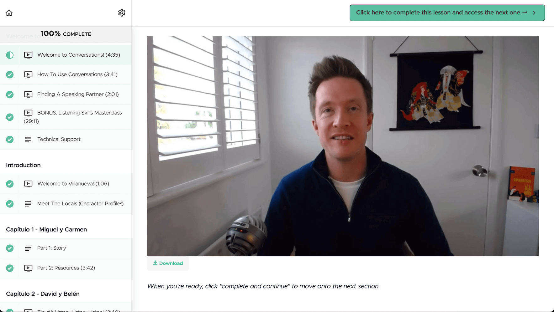 Storylearning Spanish Conversations course introduction video featuring Olly Richards explaining the methodology for improving Spanish listening comprehension through story-based learning