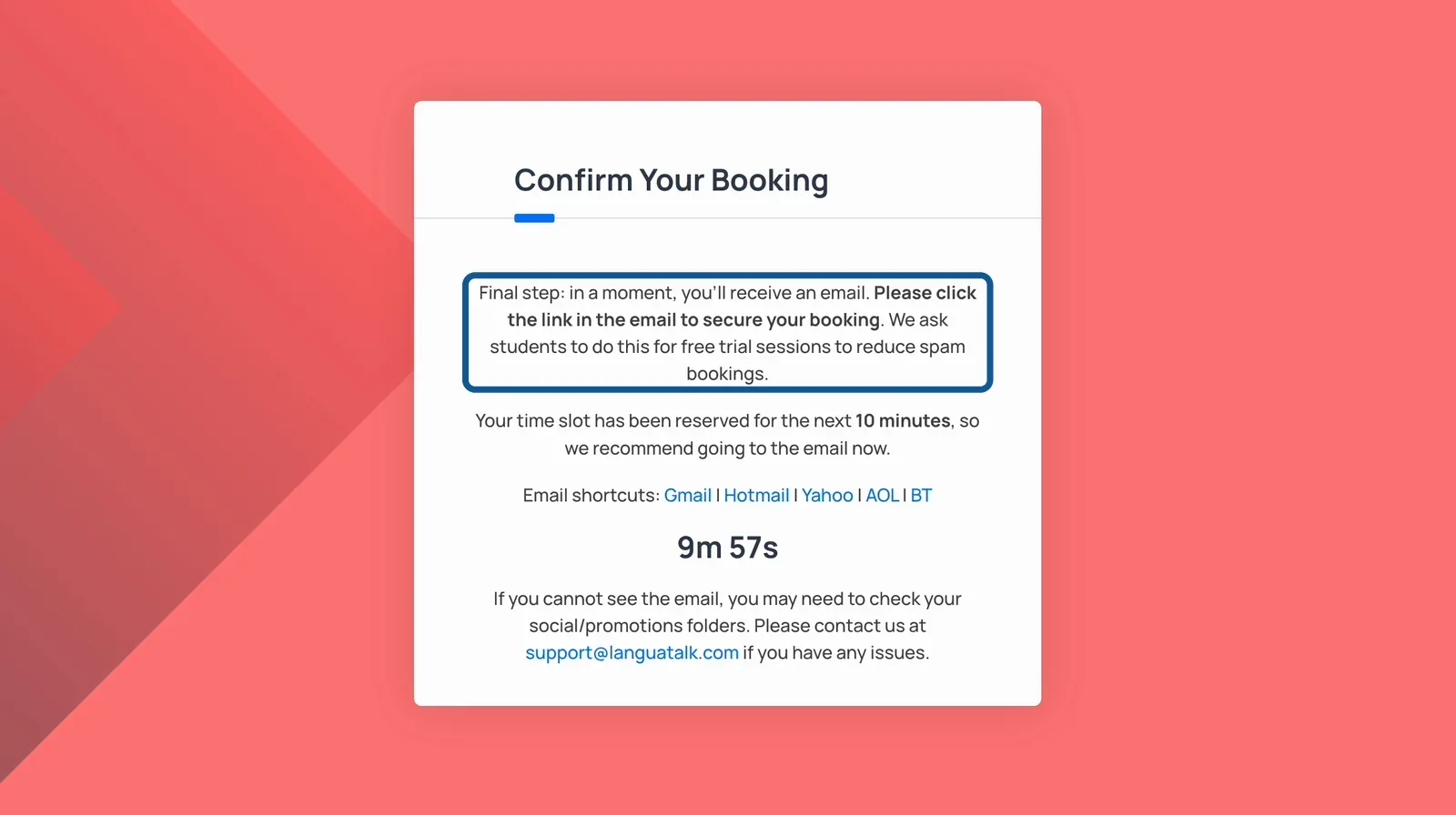LanguaTalk confirmation screen asking you to click the link in the email within 10 minutes to secure your free trial booking