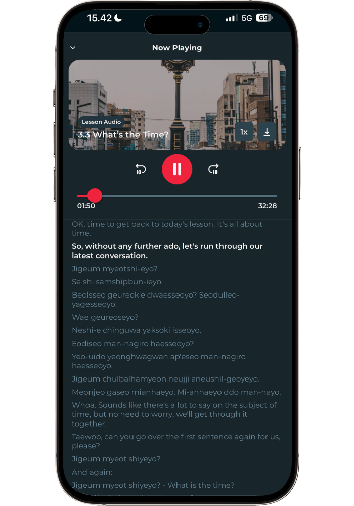 Rocket Korean audio lesson player in dark mode showing Lesson 3.3 "What's the Time?" with rolling transcript in Korean romanization and English, playback controls, and progress bar.