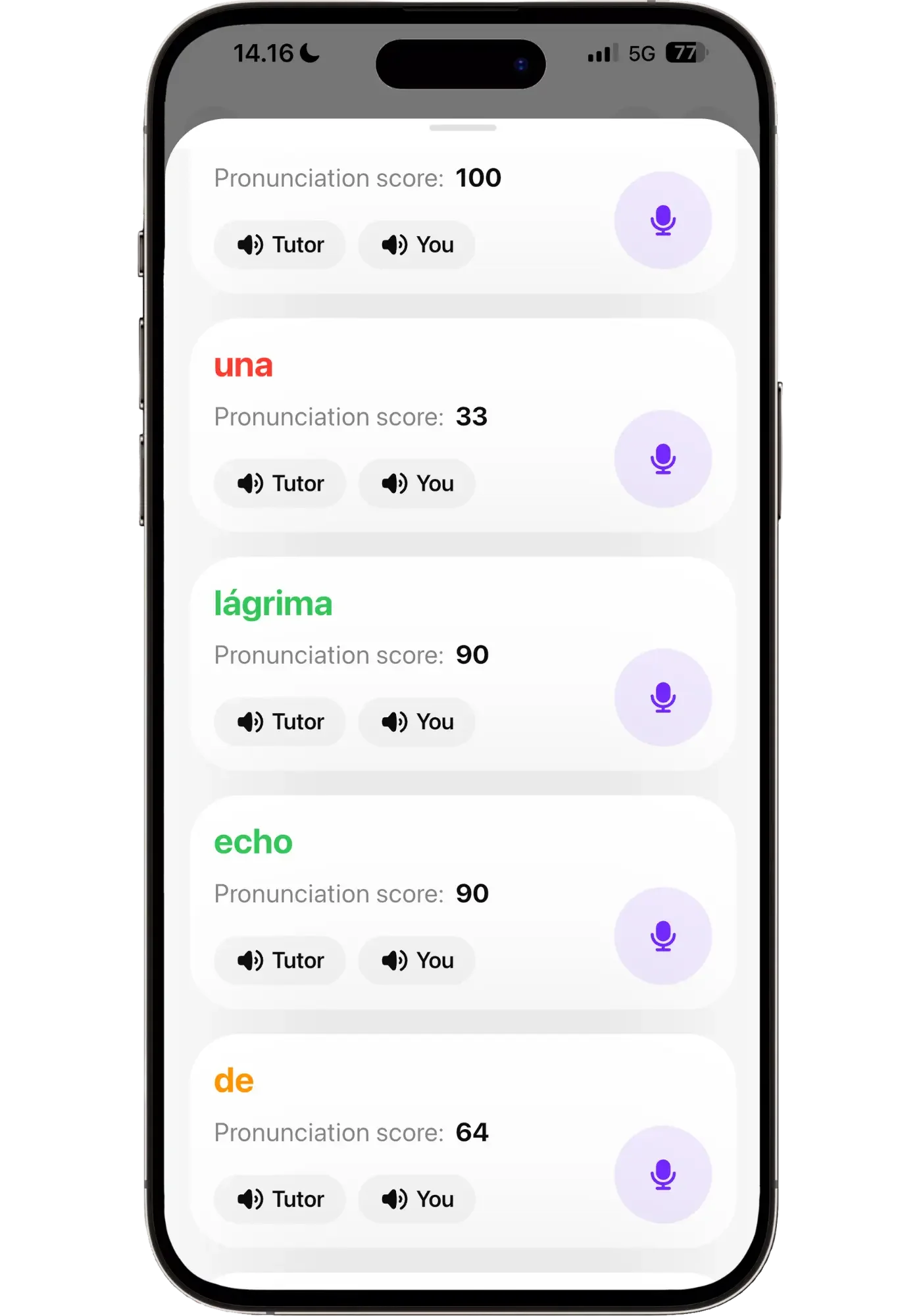 Praktika scoring individual Spanish words from 0–100 with Tutor and You playback to compare pronunciation.