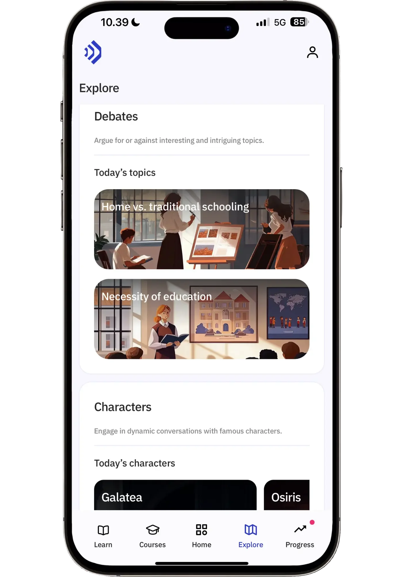 Talkpal app Explore page showing Debates section with "Home vs. traditional schooling" and "Necessity of education" topics, plus Characters section featuring Galatea and Osiris for varied Cantonese conversation practice.
