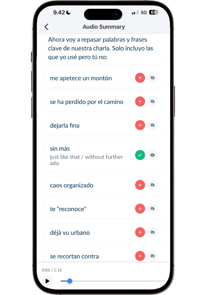 Langua’s audio summary of a Spanish conversation, listing phrases the tutor used that I didn’t, such as “me apetece un montón” and “sin más,” each with a button to save it to flashcards.