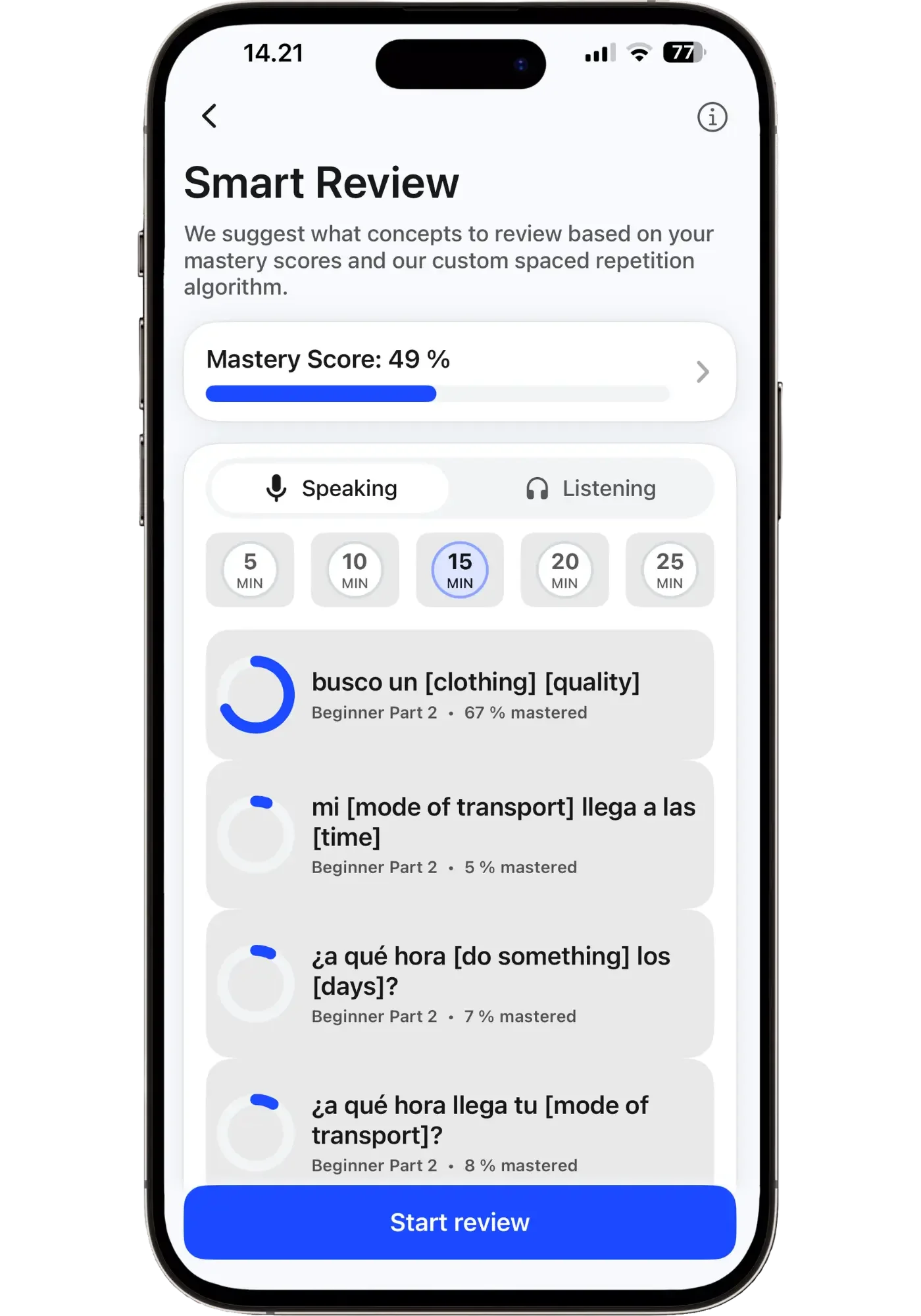 Speak's Smart Review screen showing a 49% Spanish mastery score and concepts prioritized for review.