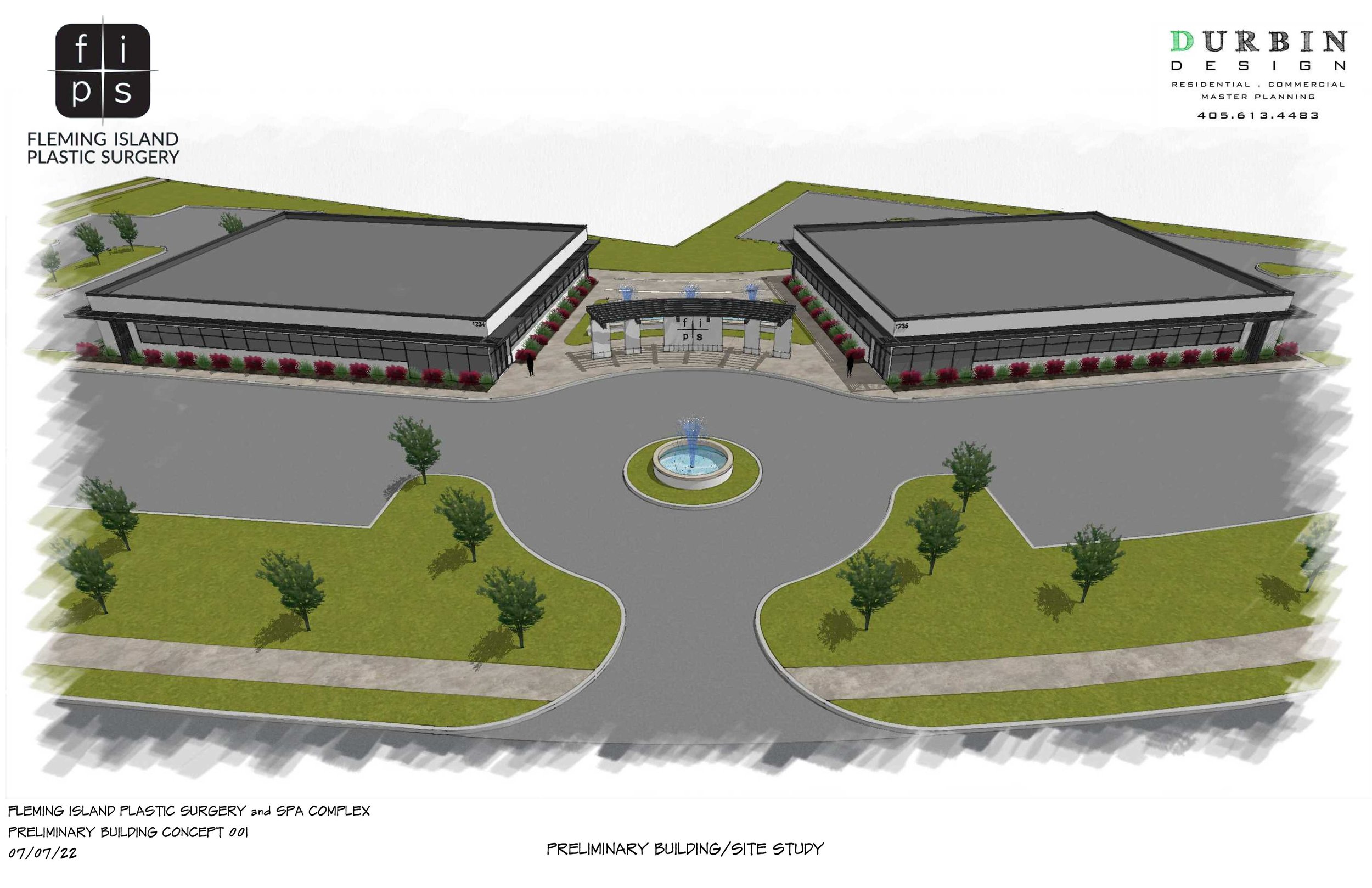 Preliminary building and site study illustration of Fleming Island Plastic Surgery and Spa Complex with two main buildings, landscaped surroundings, a fountain, and an entrance gate.