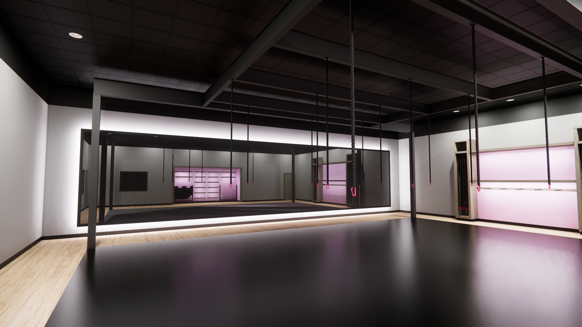A modern indoor gym with a black jump rope training station, large mirrors, pink accent lighting, and wooden flooring.