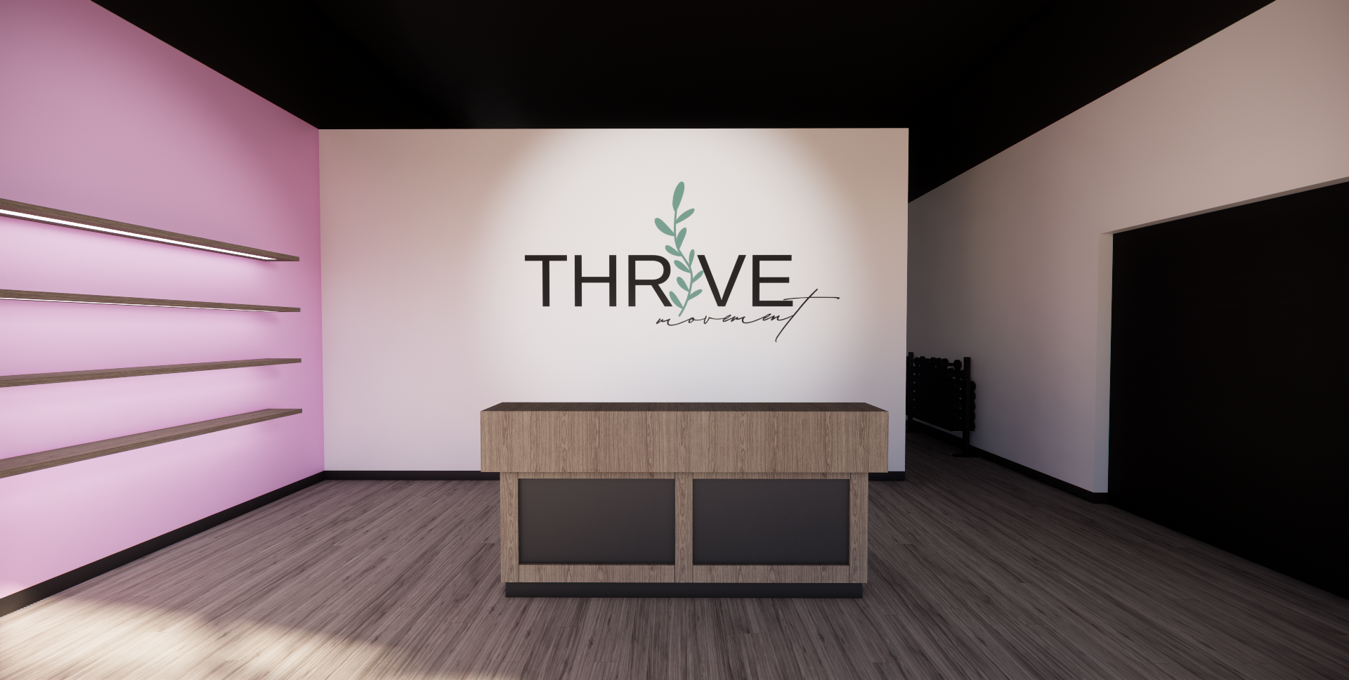 A modern interior with a reception desk, a wall with the 'Thrive Movement' logo, and purple wall with wooden shelves.