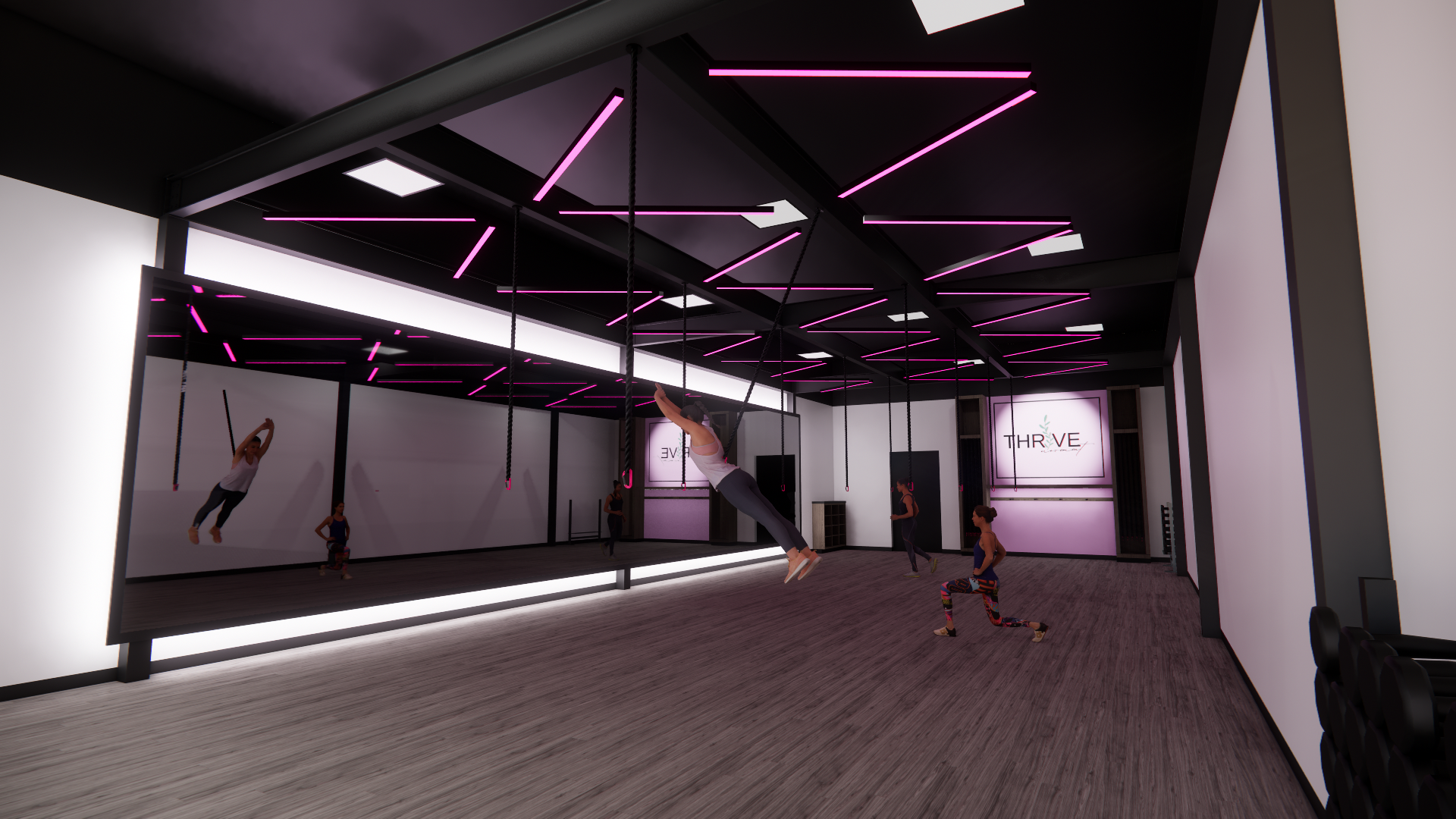 Indoor fitness studio with pink neon lights, mirror wall, and people doing exercise activities including hanging from ropes, stretching, and squatting. A screen displays the word 'THRIVE' in the background.