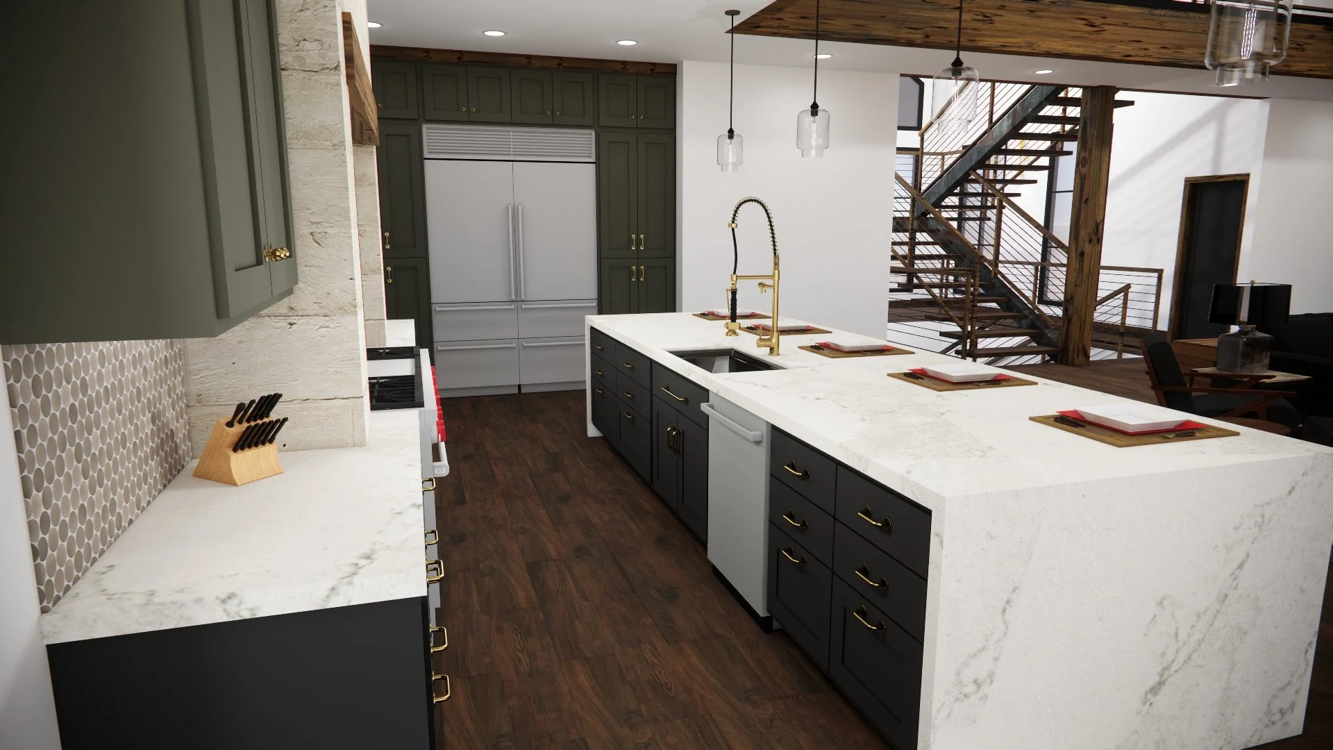 Modern kitchen with dark cabinets, white marble island, and a staircase in the background. Features gold hardware, pendant lighting, and placemats on the island.