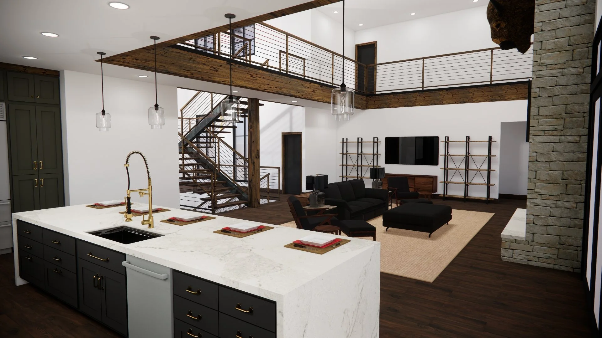 Open-concept living area with kitchen island, black sofa, wooden accents, staircase with metal railing, and high ceilings with recessed lighting.