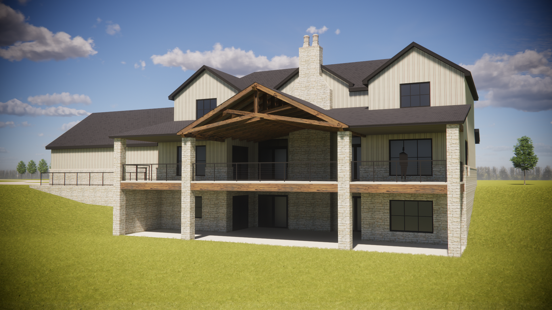 A modern house with a stone and siding exterior, covered porch, and a grassy yard under a partly cloudy sky.