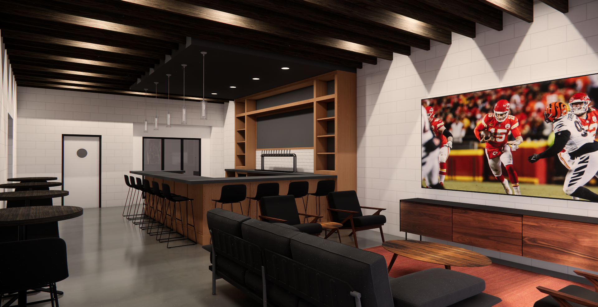 Interior of a sports bar or lounge with white brick walls, wooden accents, a large flat-screen TV displaying a football game, black chairs, and round tables. There is a bar counter with stools and modern pendant lighting.