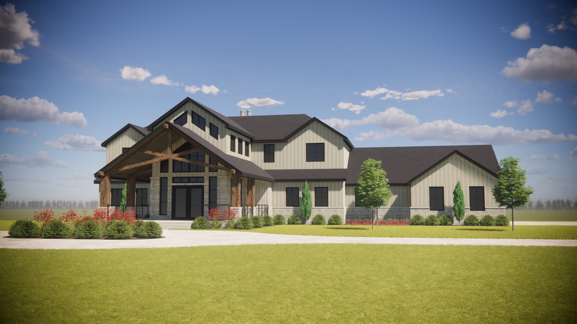 A modern two-story house with a combination of wood and stone exterior, black window frames, and a dark roof, surrounded by a green lawn and trees under a partly cloudy sky.