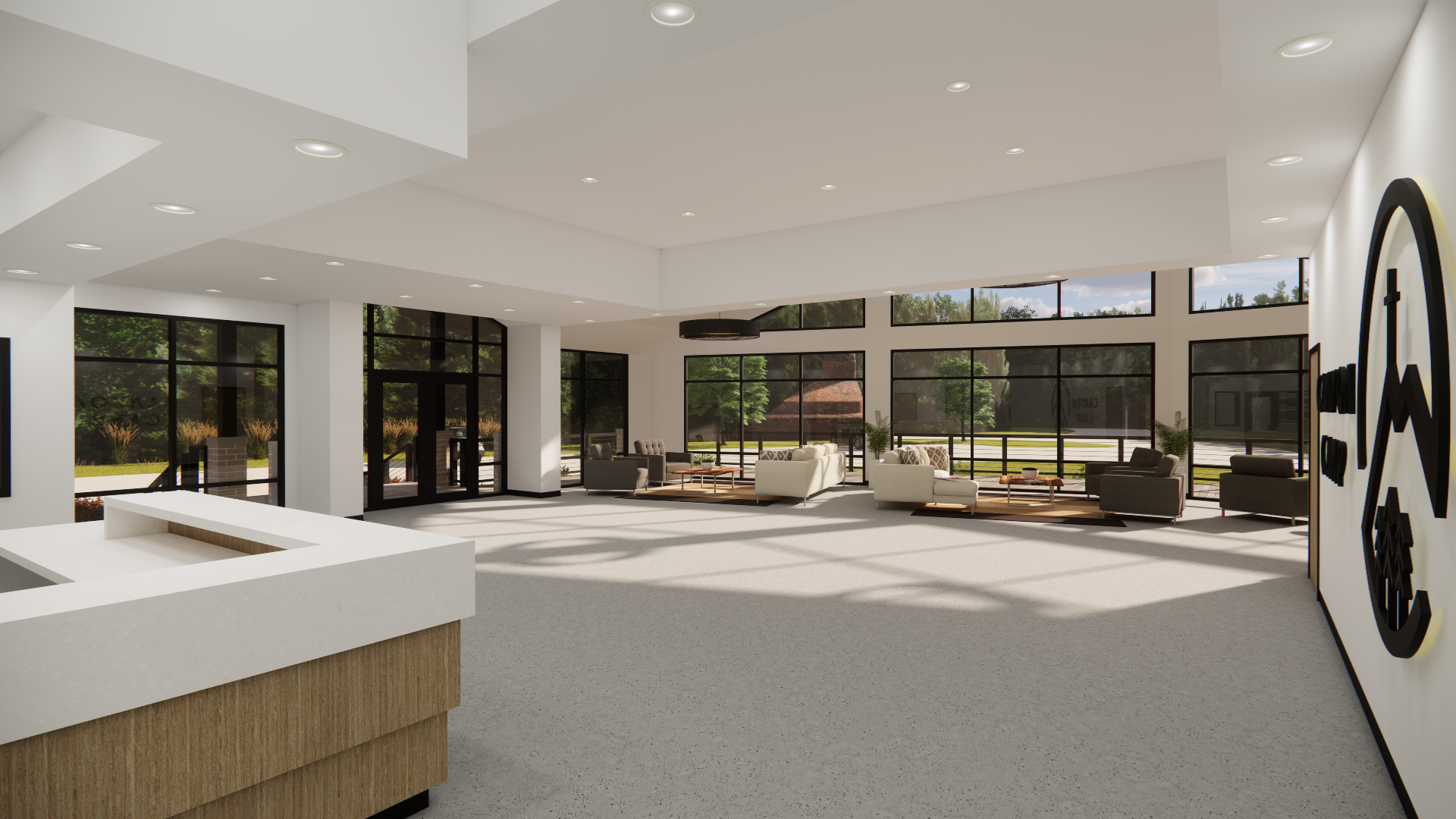 Modern hotel lobby with large glass windows, beige carpet, white walls, and contemporary furniture arranged in seating areas, with trees visible outside.