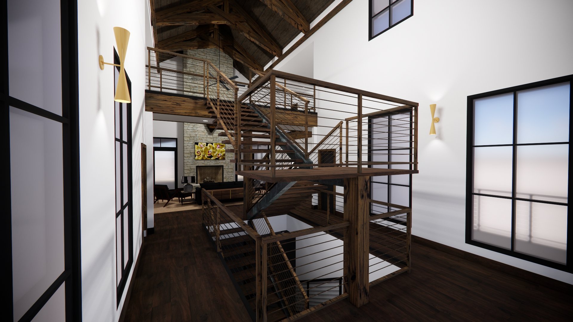 Interior view of a modern home with a wooden staircase and railings, large windows, a fireplace with a decorative art piece above it, and a sitting area with a sofa and chairs.