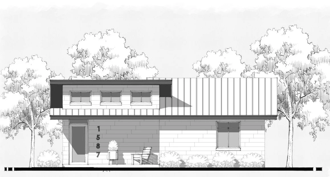Line drawing of a modern two-story house with trees in the background, front porch with chairs, and the house number 1587 displayed on the wall.