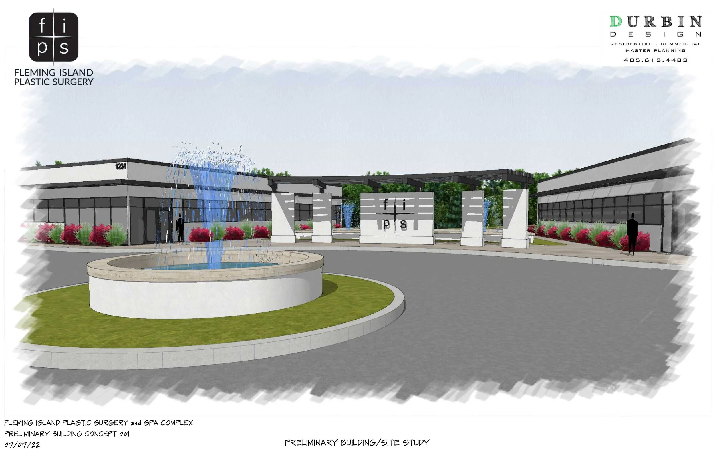 Preliminary architectural rendering of a plastic surgery and spa complex with water features and landscaped surroundings.
