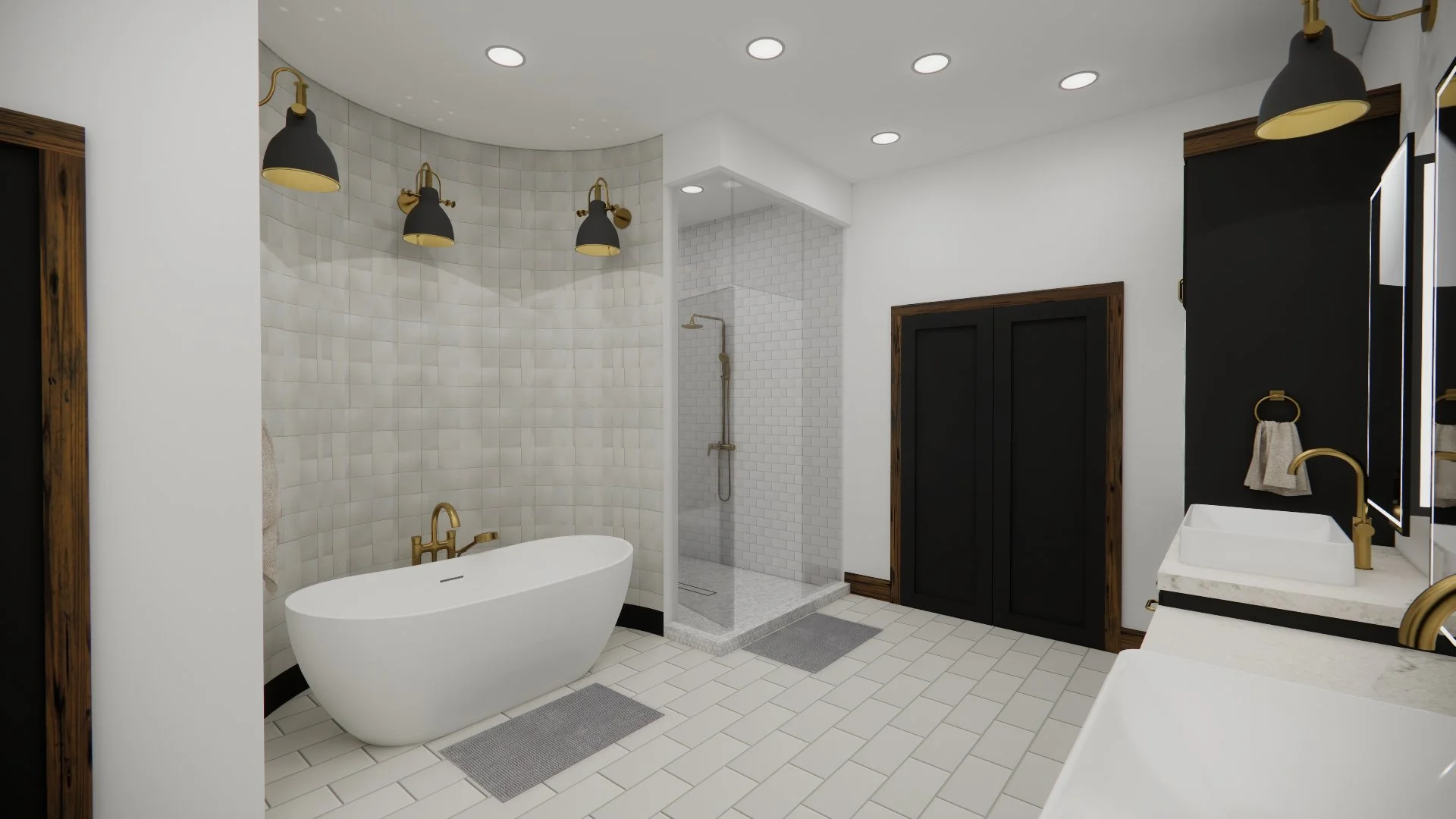 Modern bathroom with a freestanding bathtub, walk-in shower with glass enclosure, black cabinets, and gold fixtures. White tile walls and floors, with black and gold lighting fixtures and wood accents.