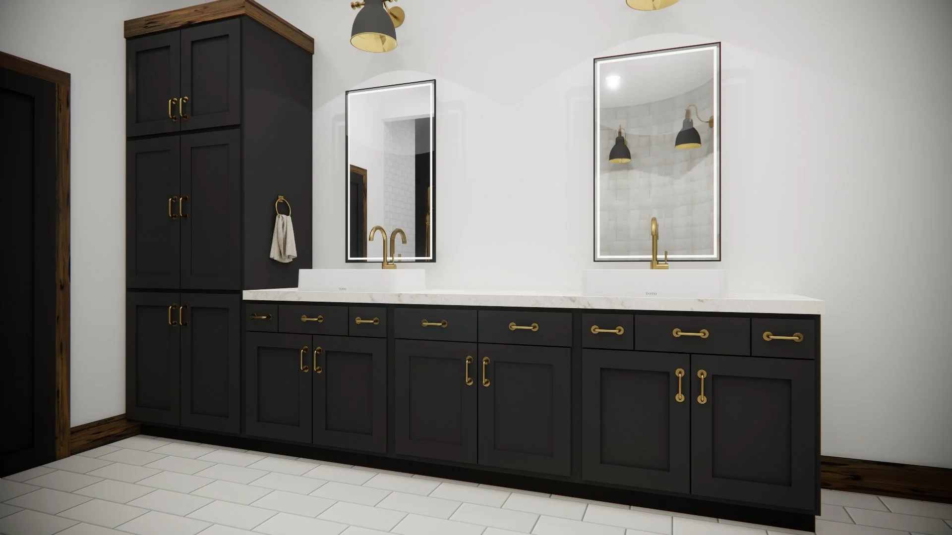 A modern bathroom with black cabinets, white marble countertops, and gold fixtures including faucets, towel holders, and handles. There are two rectangular mirrors with LED lighting, and a black wall-mounted light fixture with two shades. The floor i