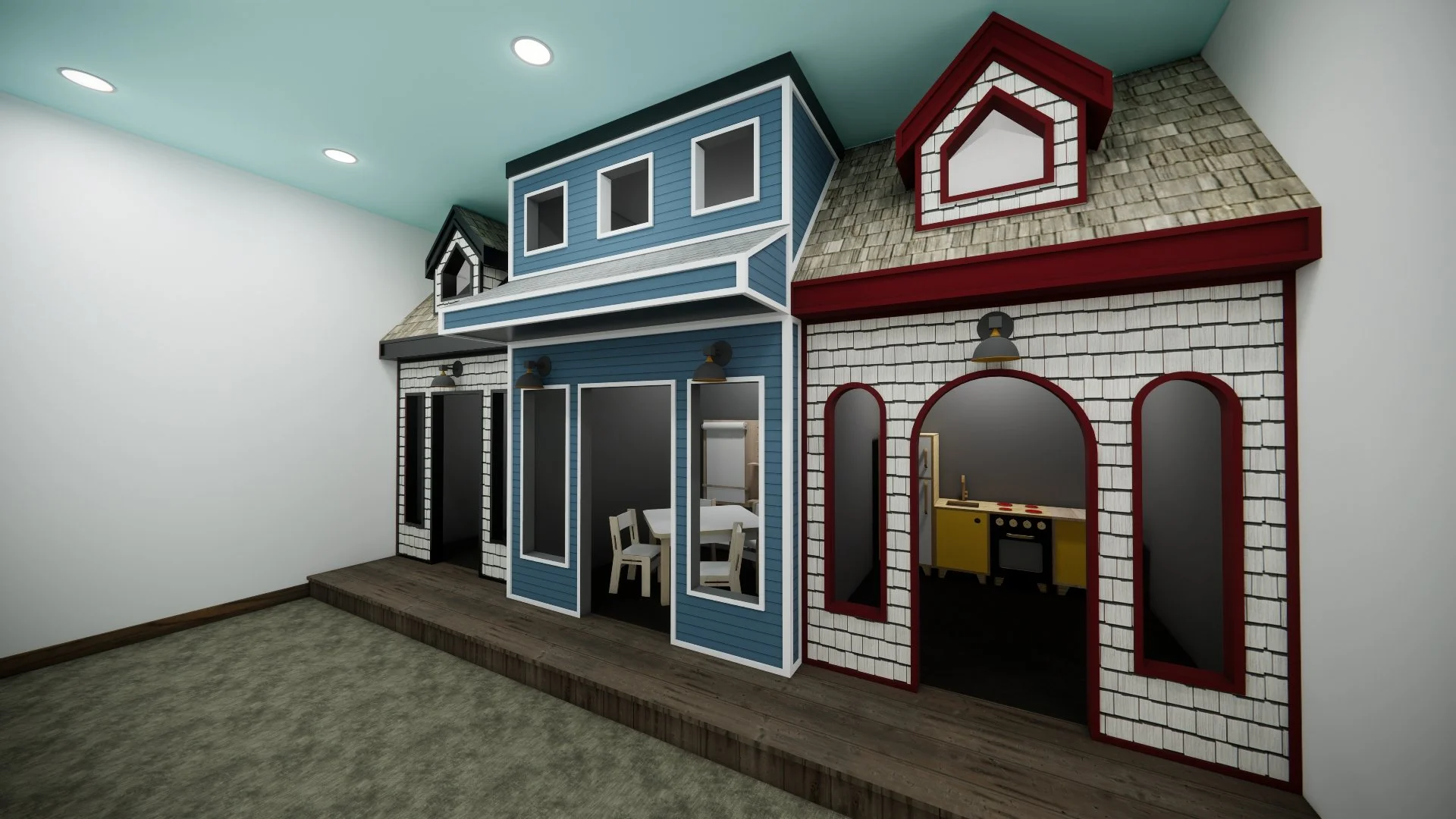 A children's playhouse indoor with a house facade and a kitchen inside, decorated in bright colors with windows, doors, and small furniture.