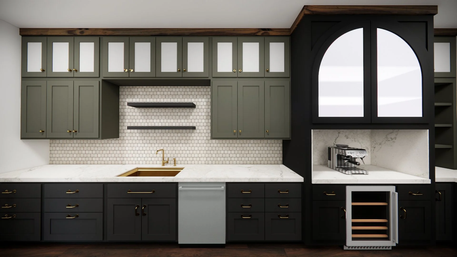 A modern kitchen with dark lower cabinets, olive upper cabinets with white panels, and a white marble countertop. There is a built-in wine fridge and a small espresso machine, with black and gold hardware accents.