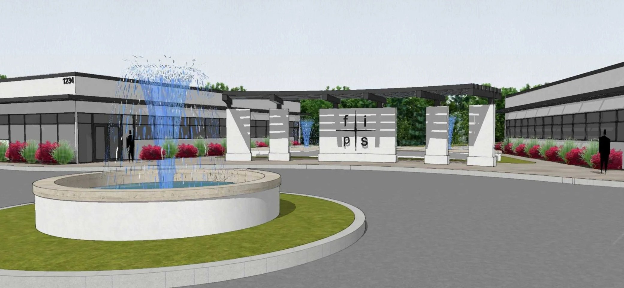 Rendering of a modern building entrance with a circular fountain in the foreground, landscaped with pink and green bushes, and a white sign with black letters that spell,"FIPS".