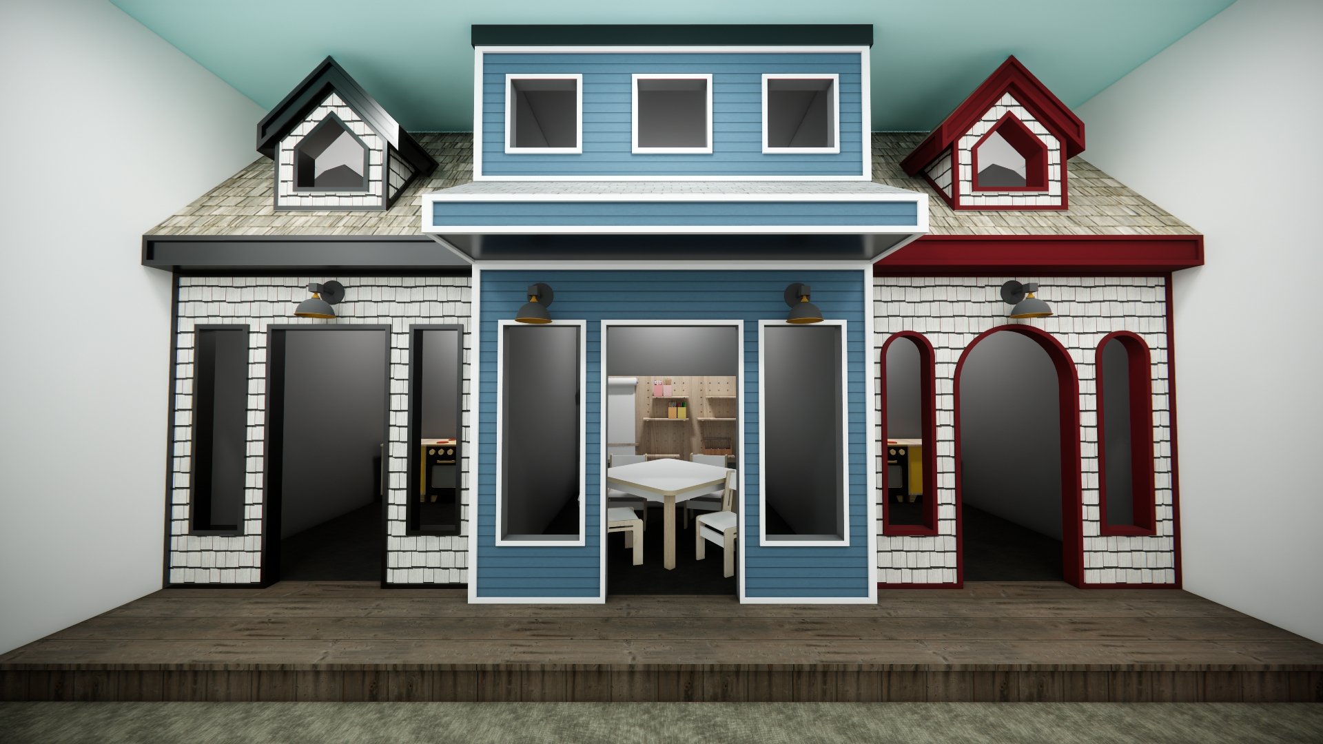 Model of a colorful, multi-story dollhouse with black, blue, and red sections, large windows, and a small round dining table with four chairs inside, set on a wooden platform in a white room.