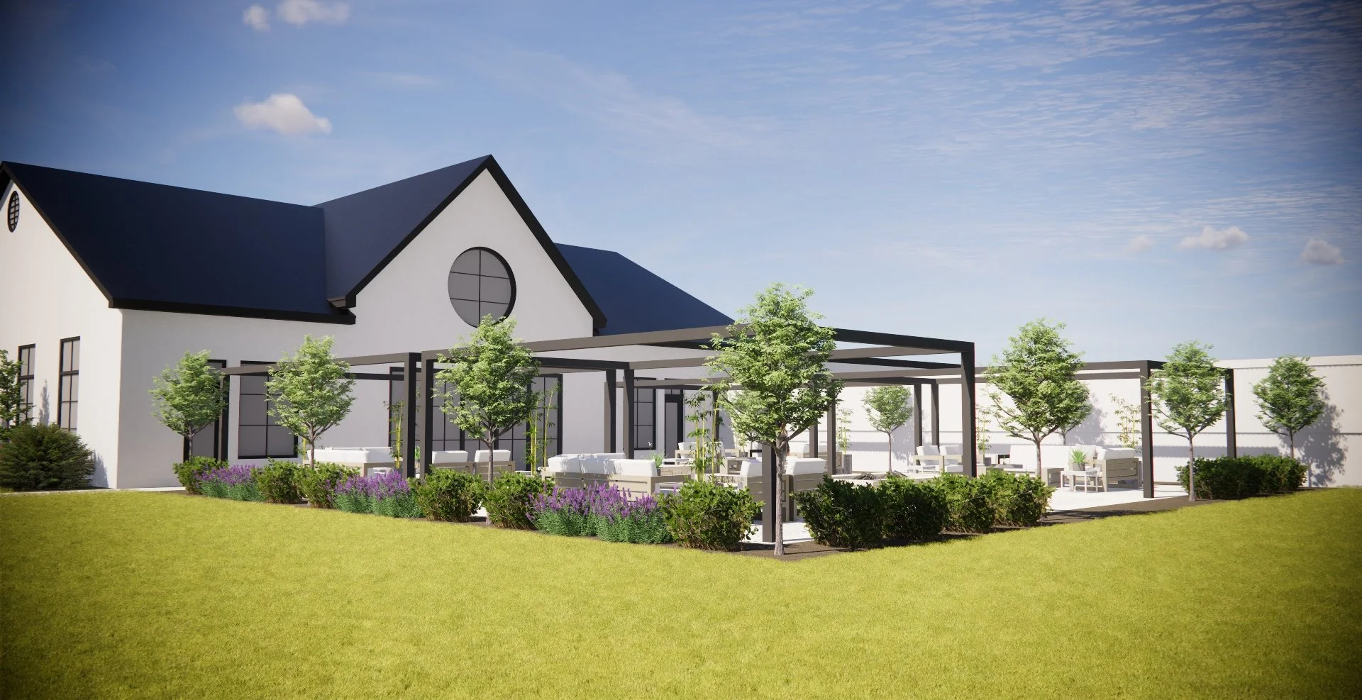 Rendering of a modern residential house with a black roof, white walls, large windows, and an outdoor seating area with a pergola, green lawn, and trees.