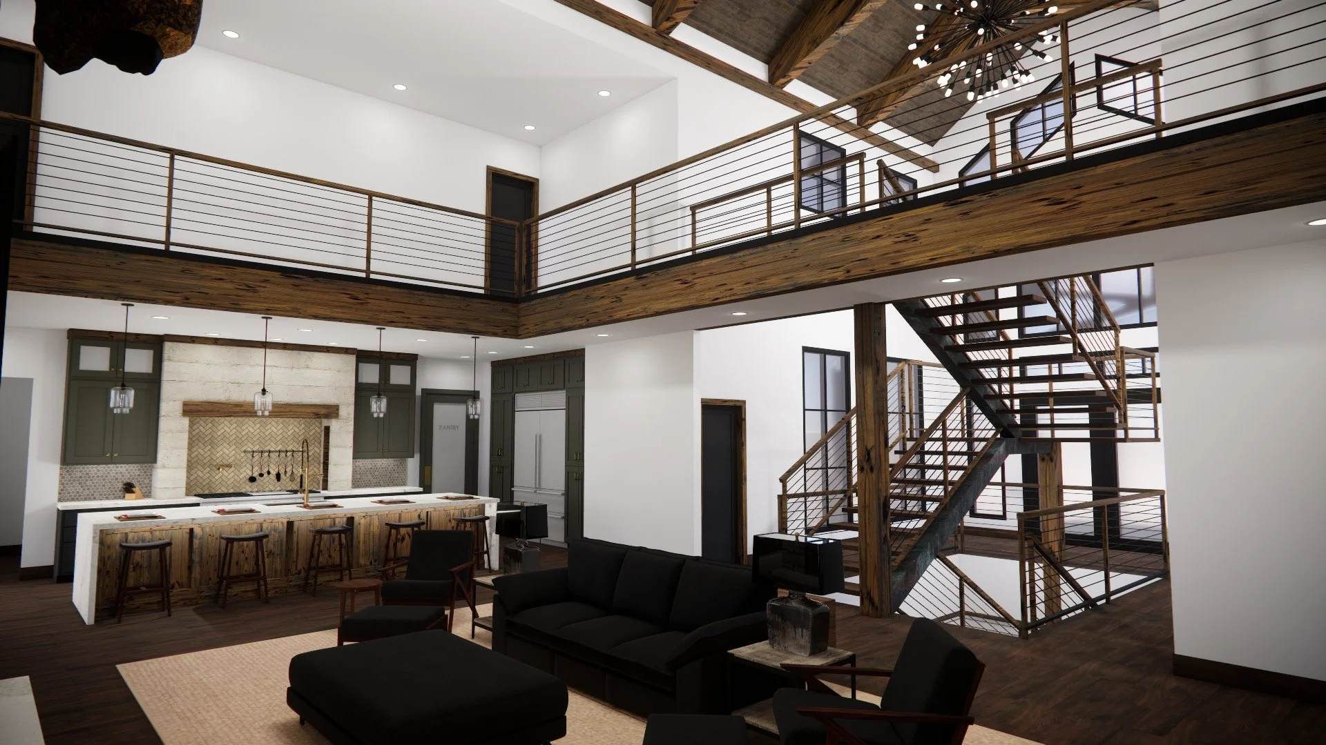 Open-concept living room and kitchen with high vaulted ceiling, wooden beams, and staircase with wooden and metal railing.