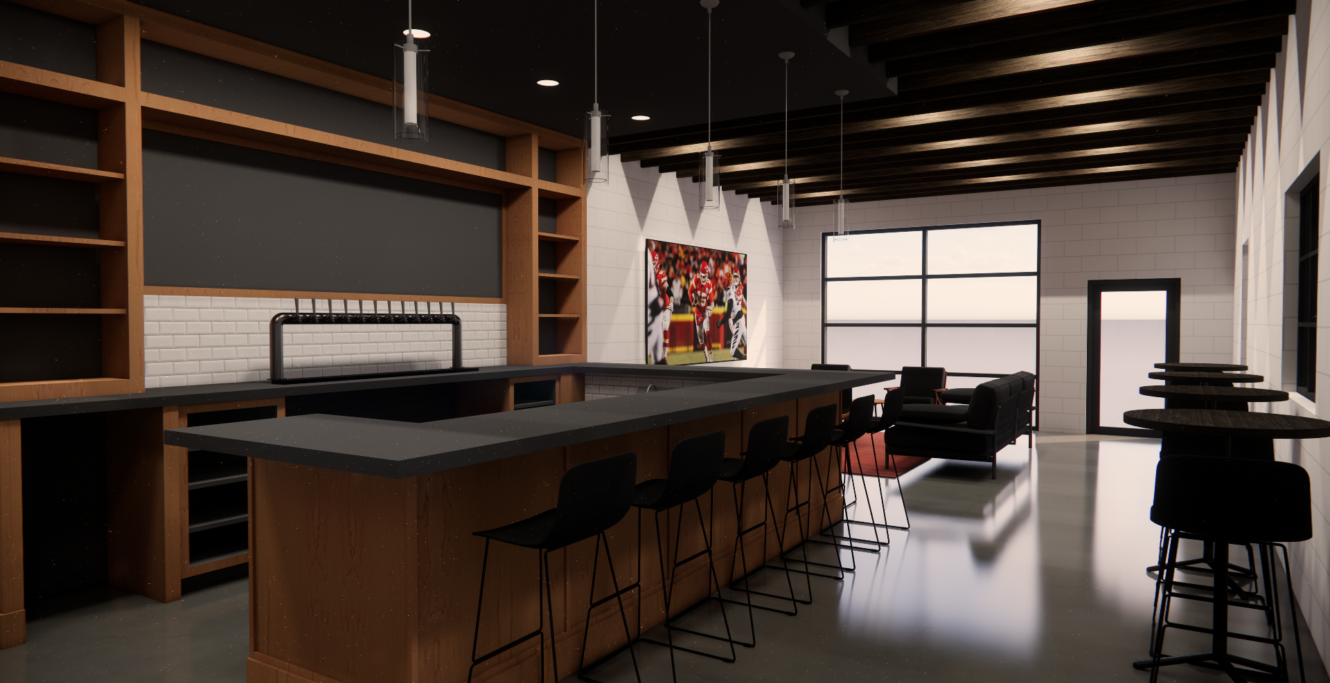 Modern sports bar interior with black and wood accents, bar stools, a large flat-screen TV showing an American football game, and a seating area with couches by large windows.