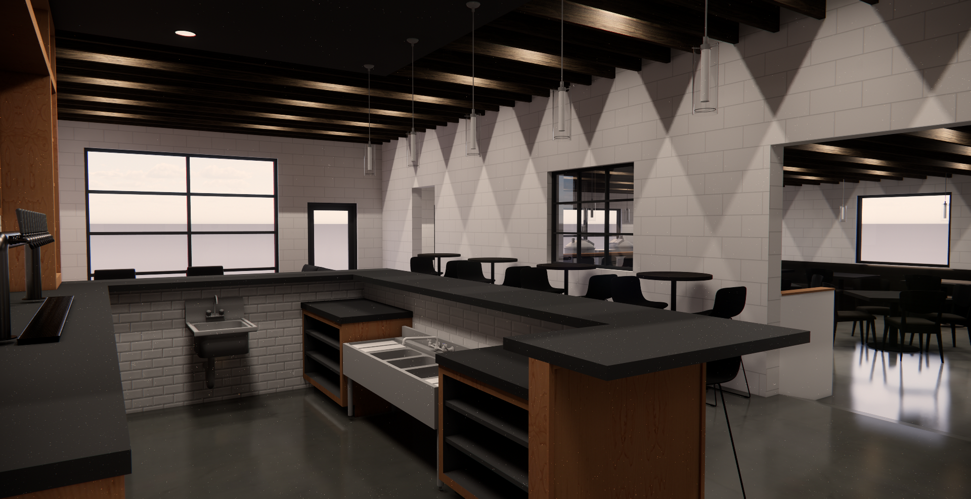 Interior of a modern restaurant or café with white brick walls, black countertops, pendant lighting, black chairs, large windows, and a small bar area with a sink.