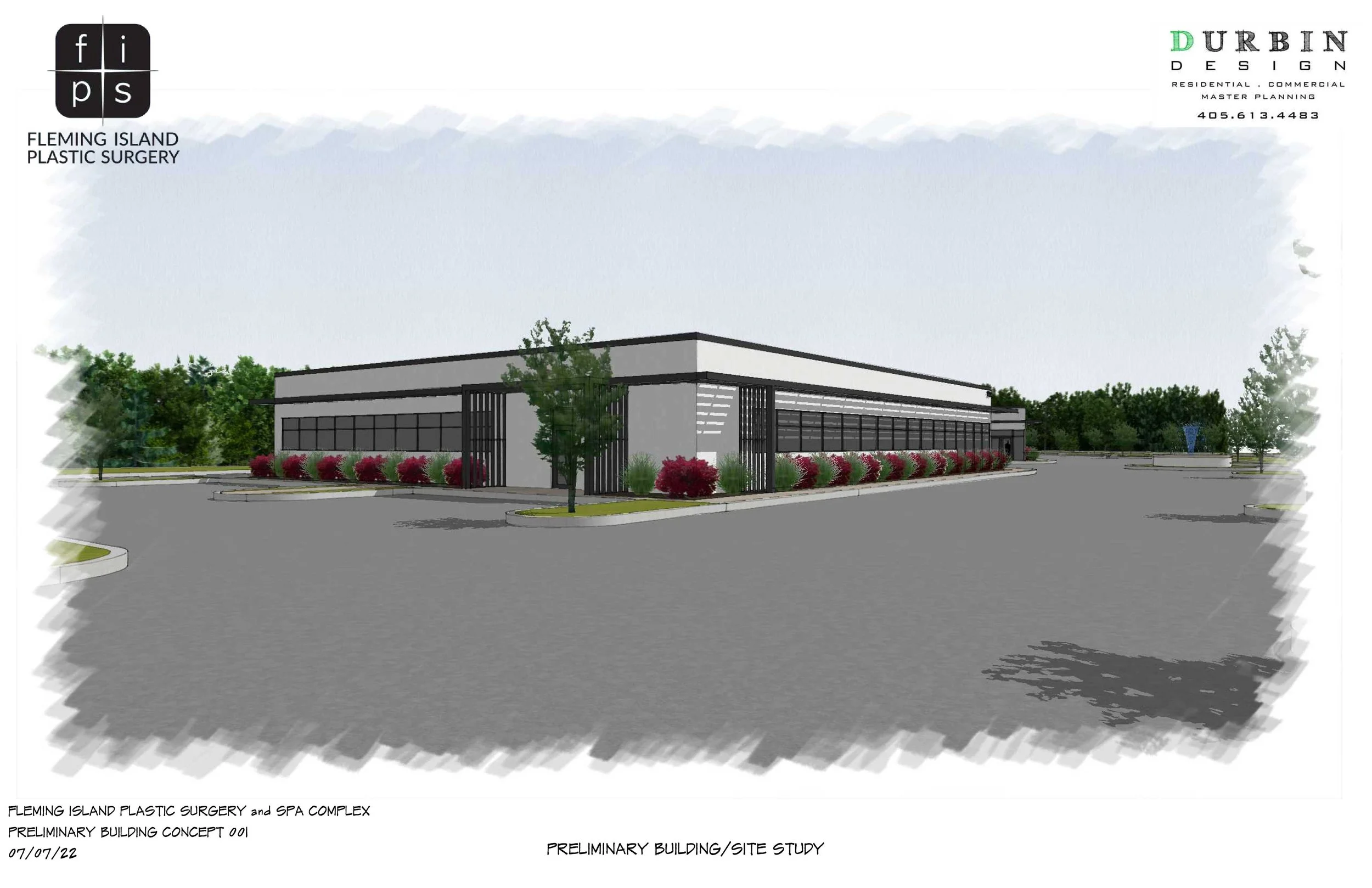 Architectural rendering of a modern commercial building with surrounding landscaping, including shrubs and trees, and a parking lot.